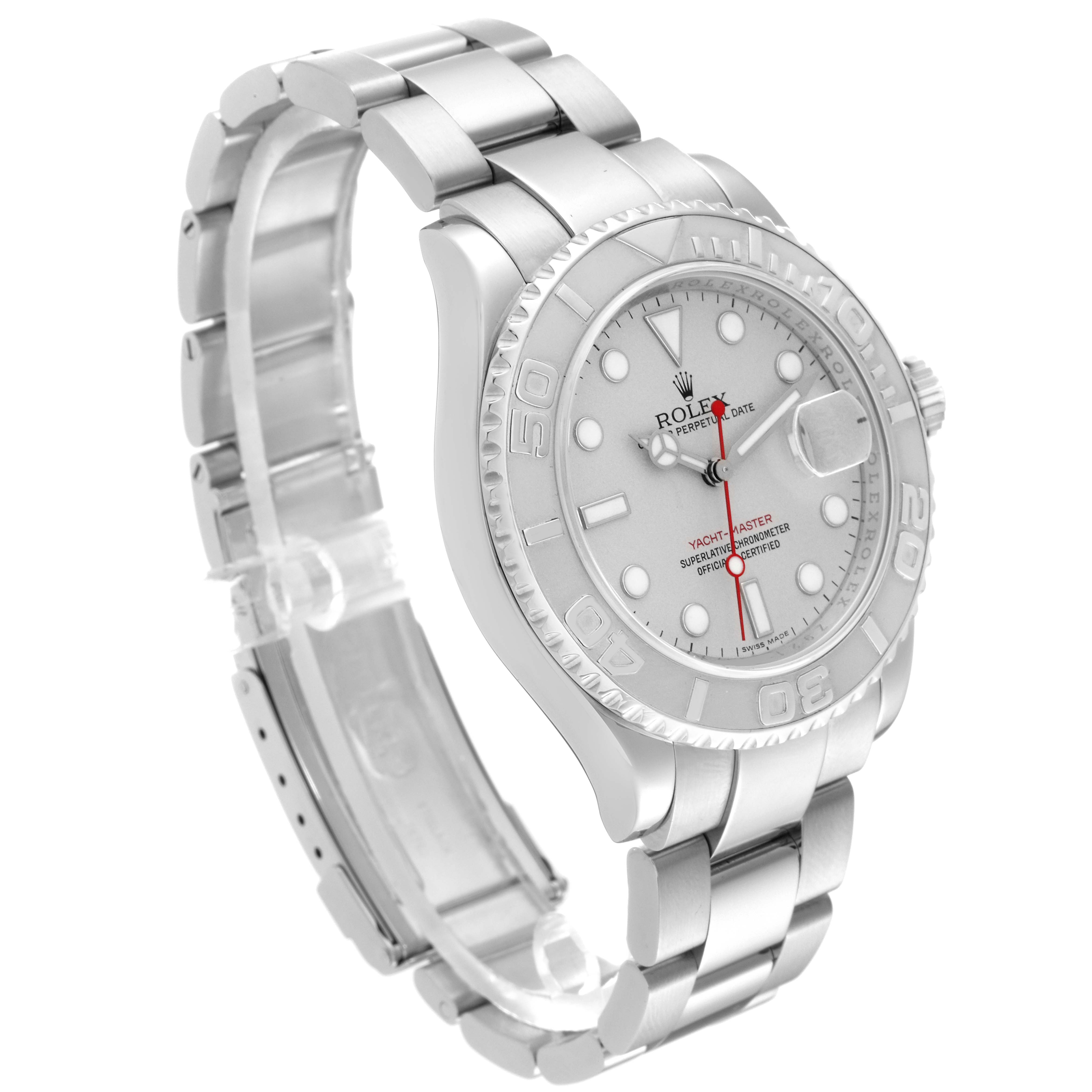 This Rolex Yacht-Master 16622 Men's Stainless Steel Silver Dial 16622 Men's Stainless Steel Silver Dial watch is shown from an angled side view, displaying its face, bezel, and metal bracelet clearly.