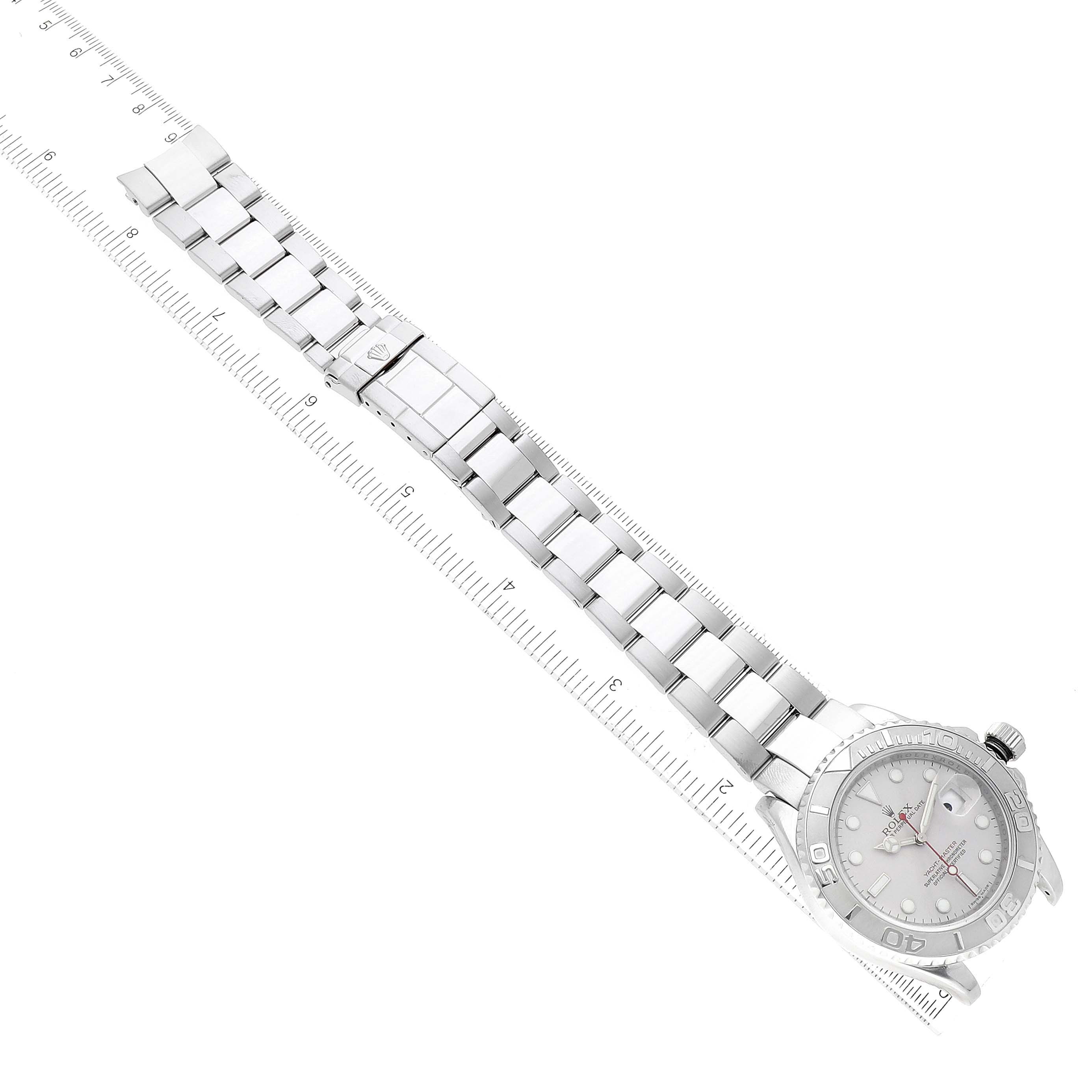 The Rolex Yacht-Master 16622 Men's Stainless Steel Silver Dial 16622 Men's Stainless Steel Silver Dial watch is shown in a top-down angle highlighting the face and bracelet.