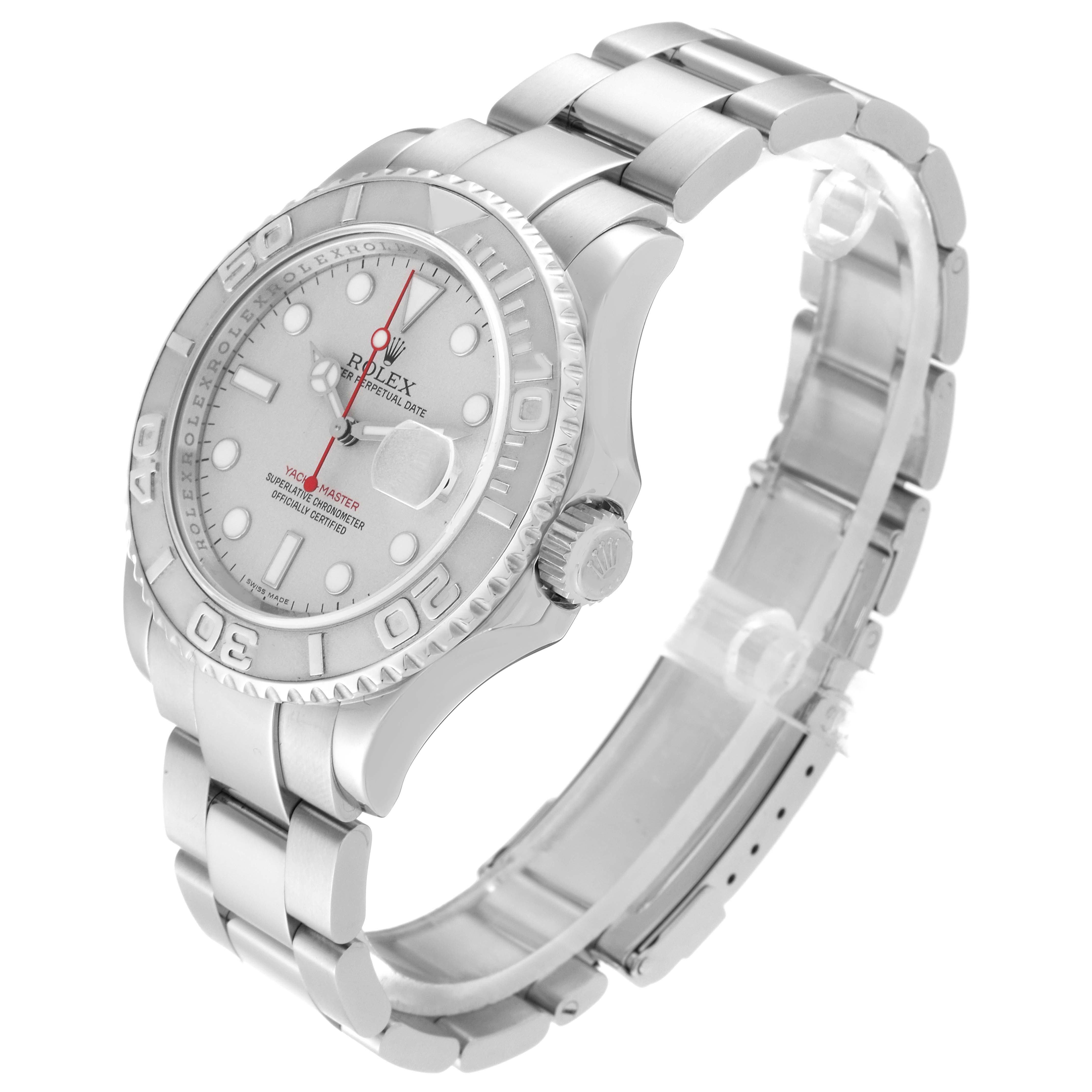 The Rolex Yacht-Master 16622 Men's Stainless Steel Silver Dial 16622 Men's Stainless Steel Silver Dial watch is shown from a top-front angle, displaying the face, crown, and bracelet.