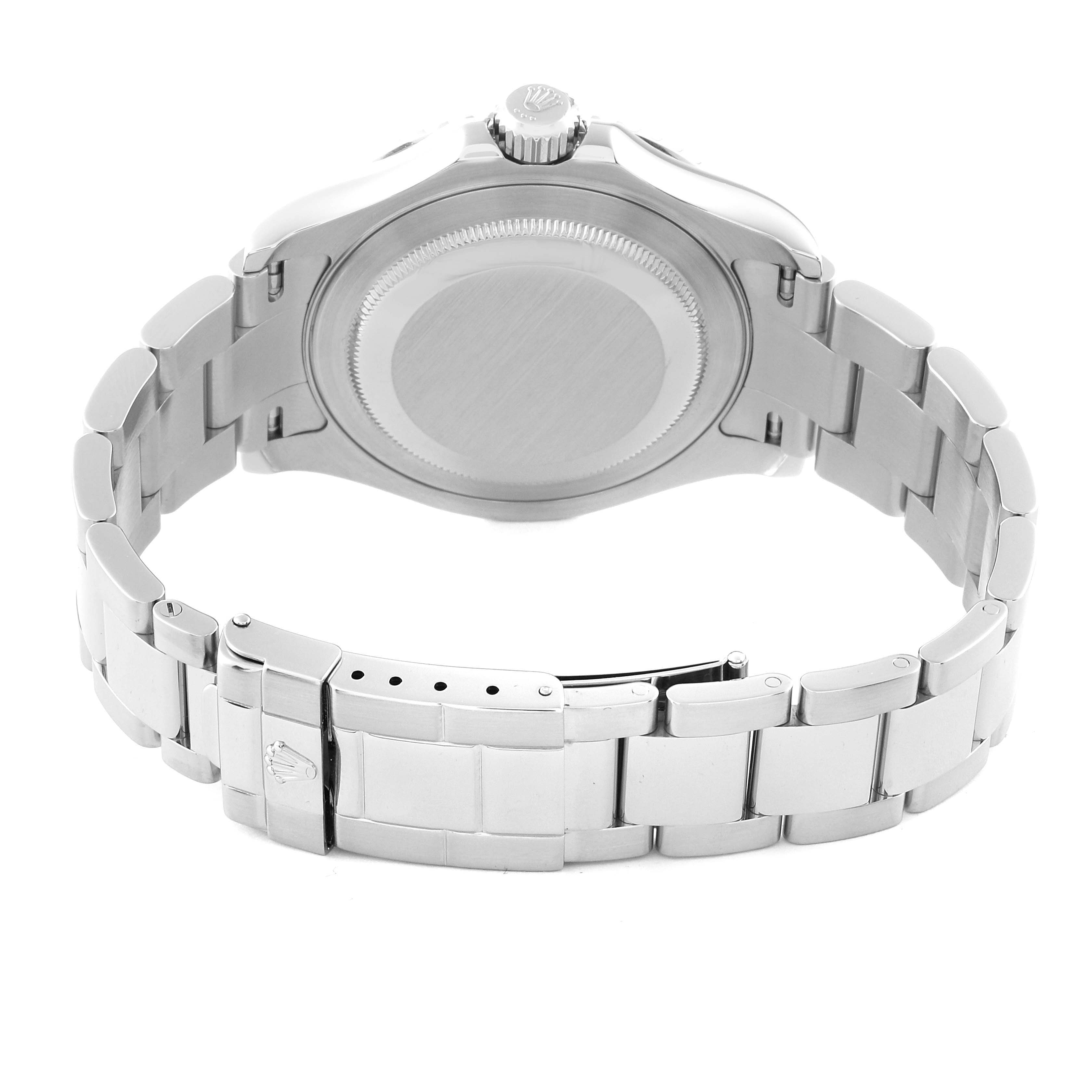 This image shows the back view of a Rolex Yacht-Master 16622 Men's Stainless Steel Silver Dial 16622 Men's Stainless Steel Silver Dial watch including the case back, crown, and bracelet.