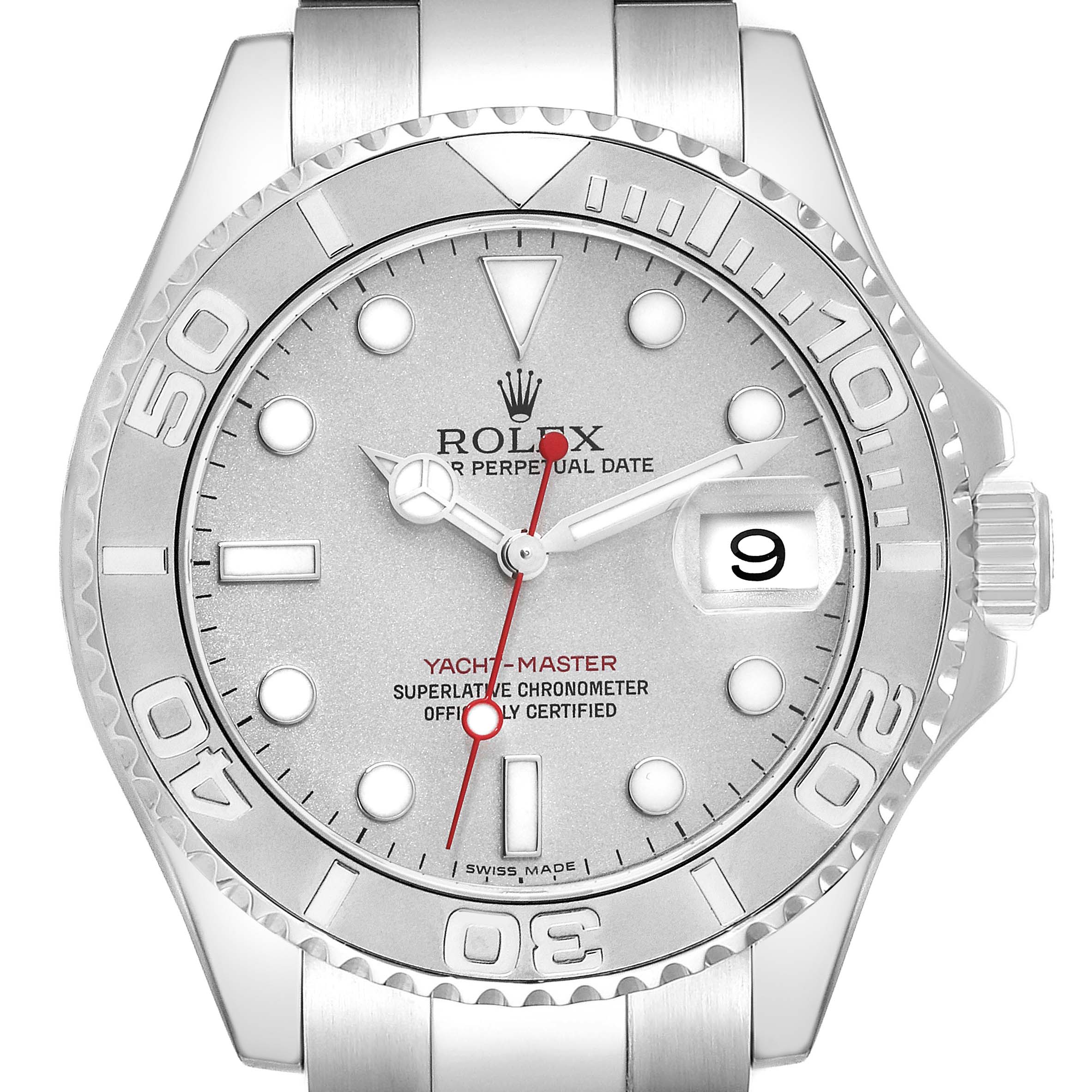 This is a front view of the Rolex Yacht-Master 16622 Men's Stainless Steel Silver Dial 16622 Men's Stainless Steel Silver Dial watch showing the dial, bezel, and bracelet.
