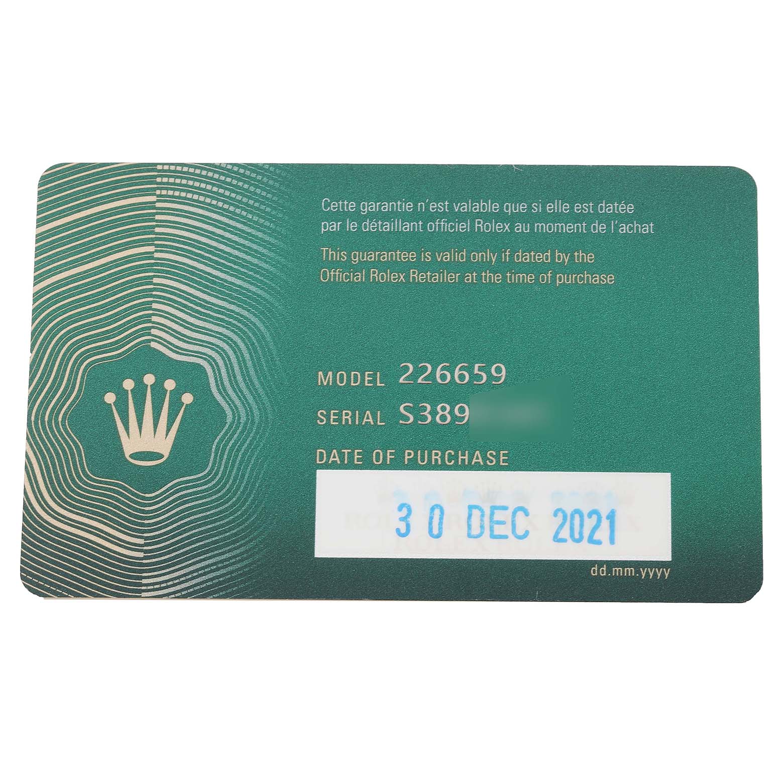 The image shows a warranty card for the Rolex Yacht-Master 226659 Men's Stainless Steel Black Dial 226659 Men's Stainless Steel Black Dial model, detailing model, serial number, and purchase date.