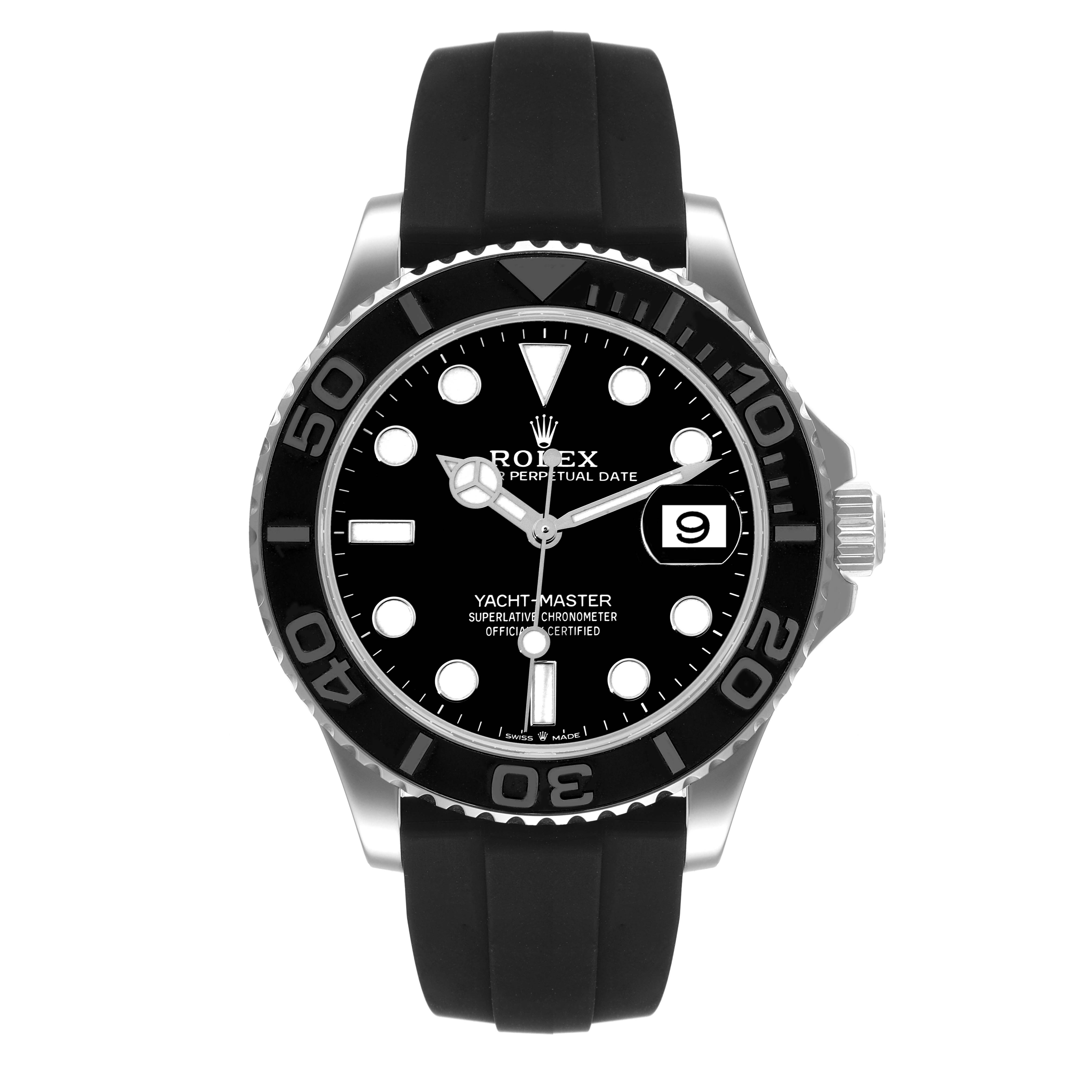 The Rolex Yacht-Master 226659 Men's Stainless Steel Black Dial 226659 Men's Stainless Steel Black Dial watch is shown from the front, highlighting the dial, bezel, and black strap.