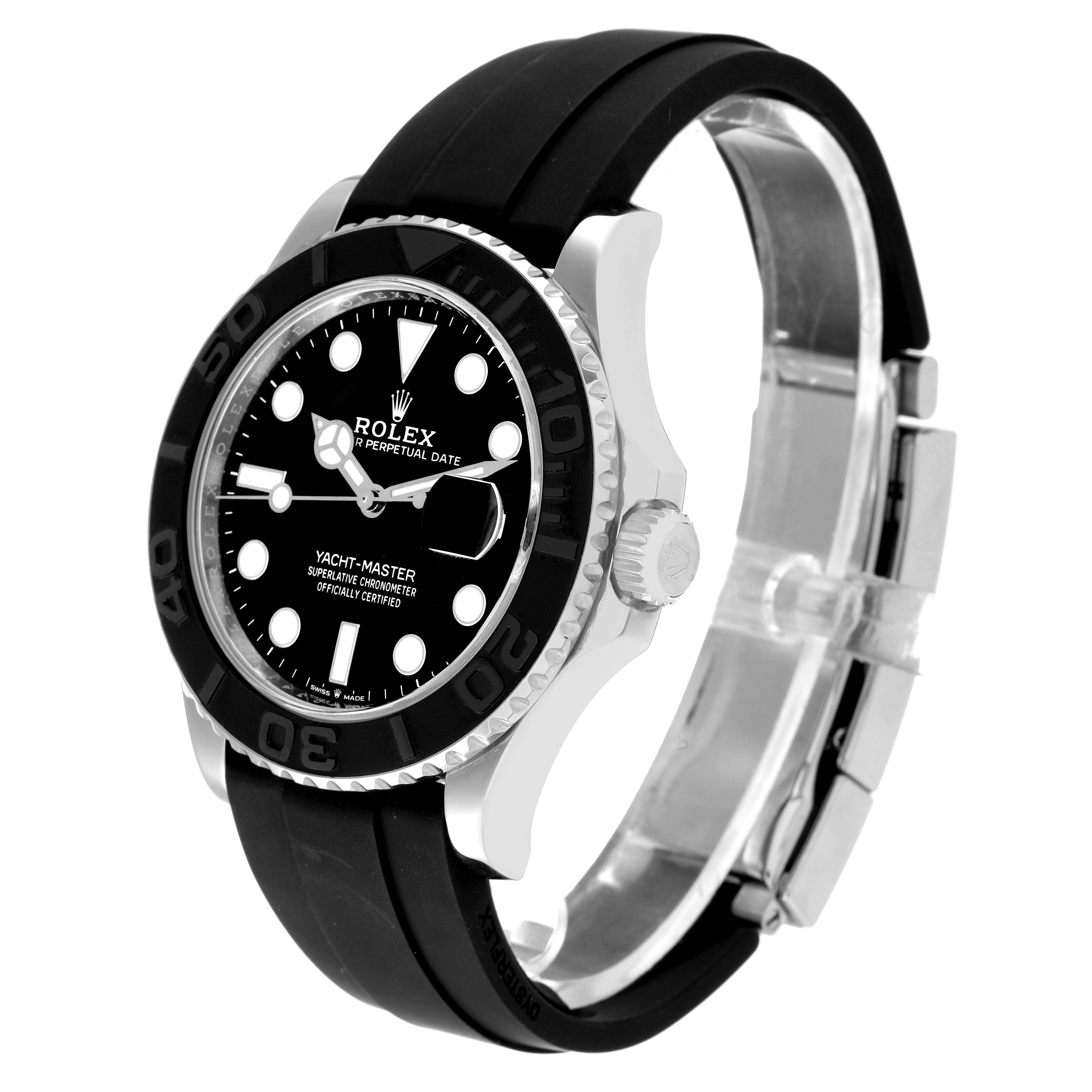 The Rolex Yacht-Master 226659 Men's Stainless Steel Black Dial 226659 Men's Stainless Steel Black Dial watch is shown at an angle highlighting the face, bezel, crown, and rubber strap.