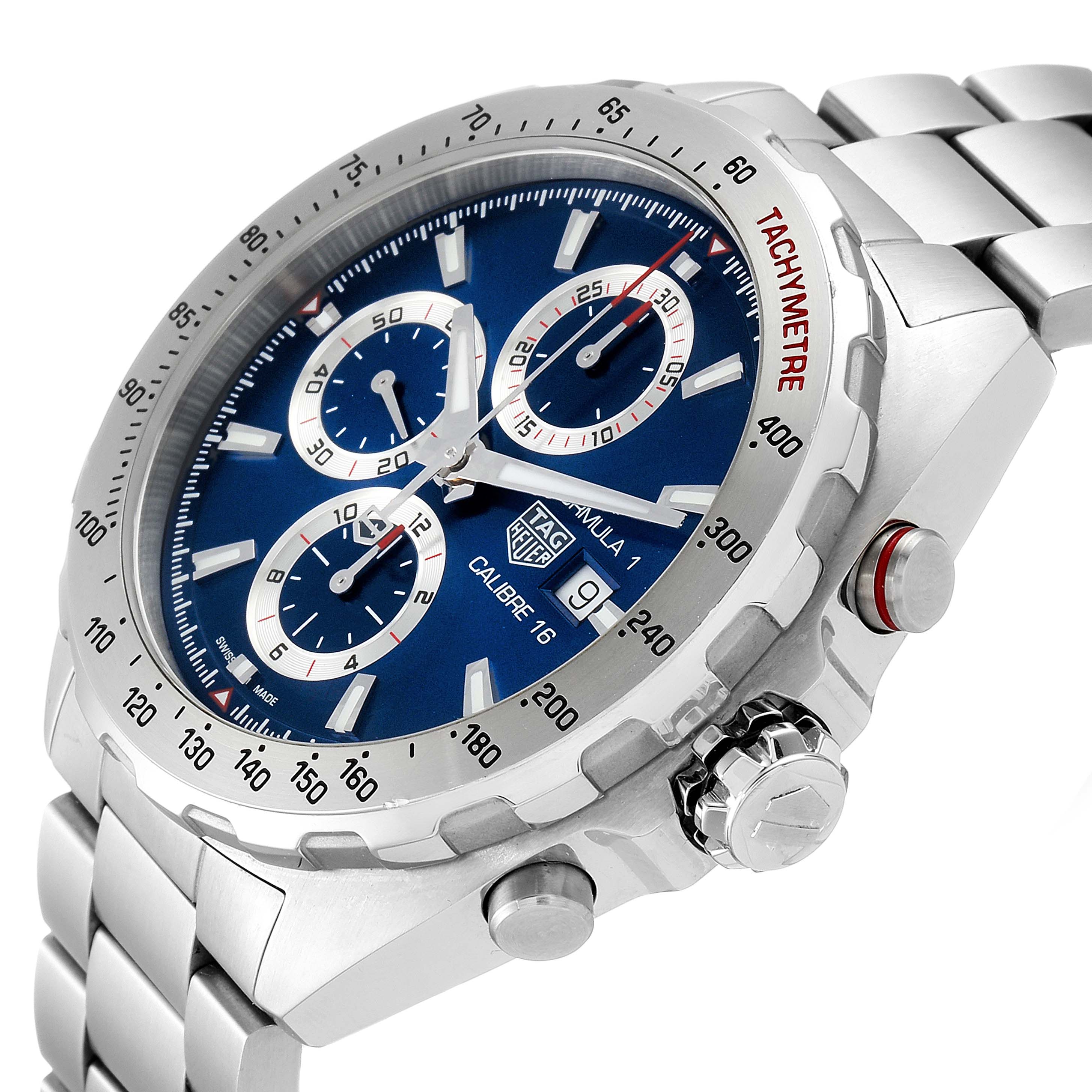 The image displays a side angle of the Tag Heuer Formula 1 CAZ2015.BA0876 Men's Stainless Steel Blue Dial CAZ2015.BA0876 Men's Stainless Steel Blue Dial watch, highlighting the bezel, dial, crown, and pushers.