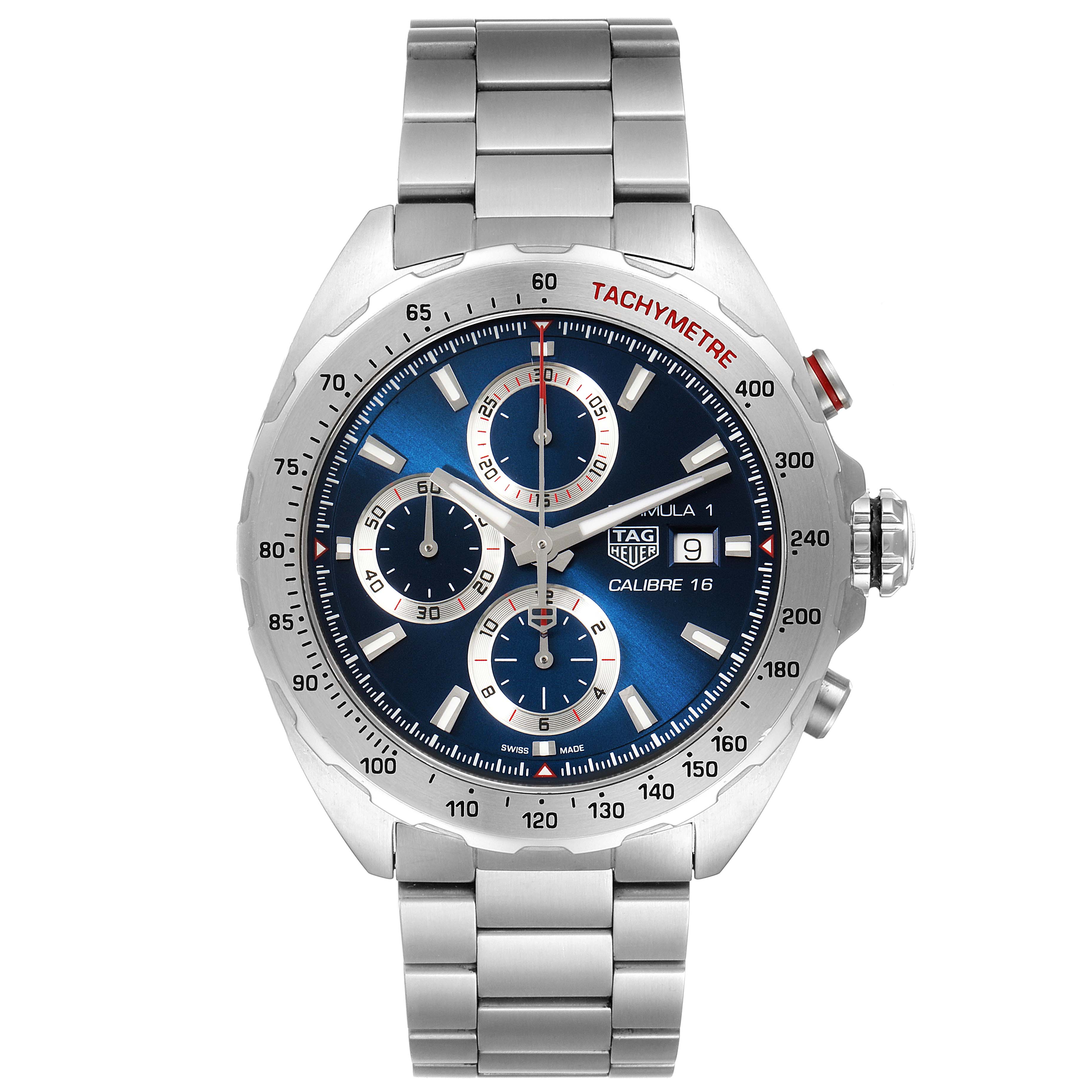 The image shows a front view of a Tag Heuer Formula 1 CAZ2015.BA0876 Men's Stainless Steel Blue Dial CAZ2015.BA0876 Men's Stainless Steel Blue Dial watch, displaying its face and stainless steel band.