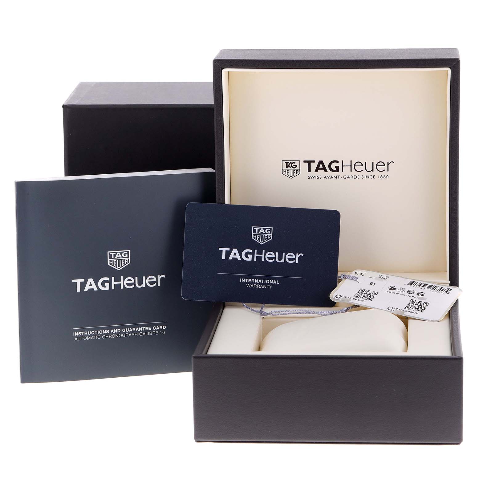 This image shows the packaging, warranty card, instruction booklet, and a tag for a Tag Heuer Formula 1 CAZ2015.BA0876 Men's Stainless Steel Blue Dial CAZ2015.BA0876 Men's Stainless Steel Blue Dial watch.