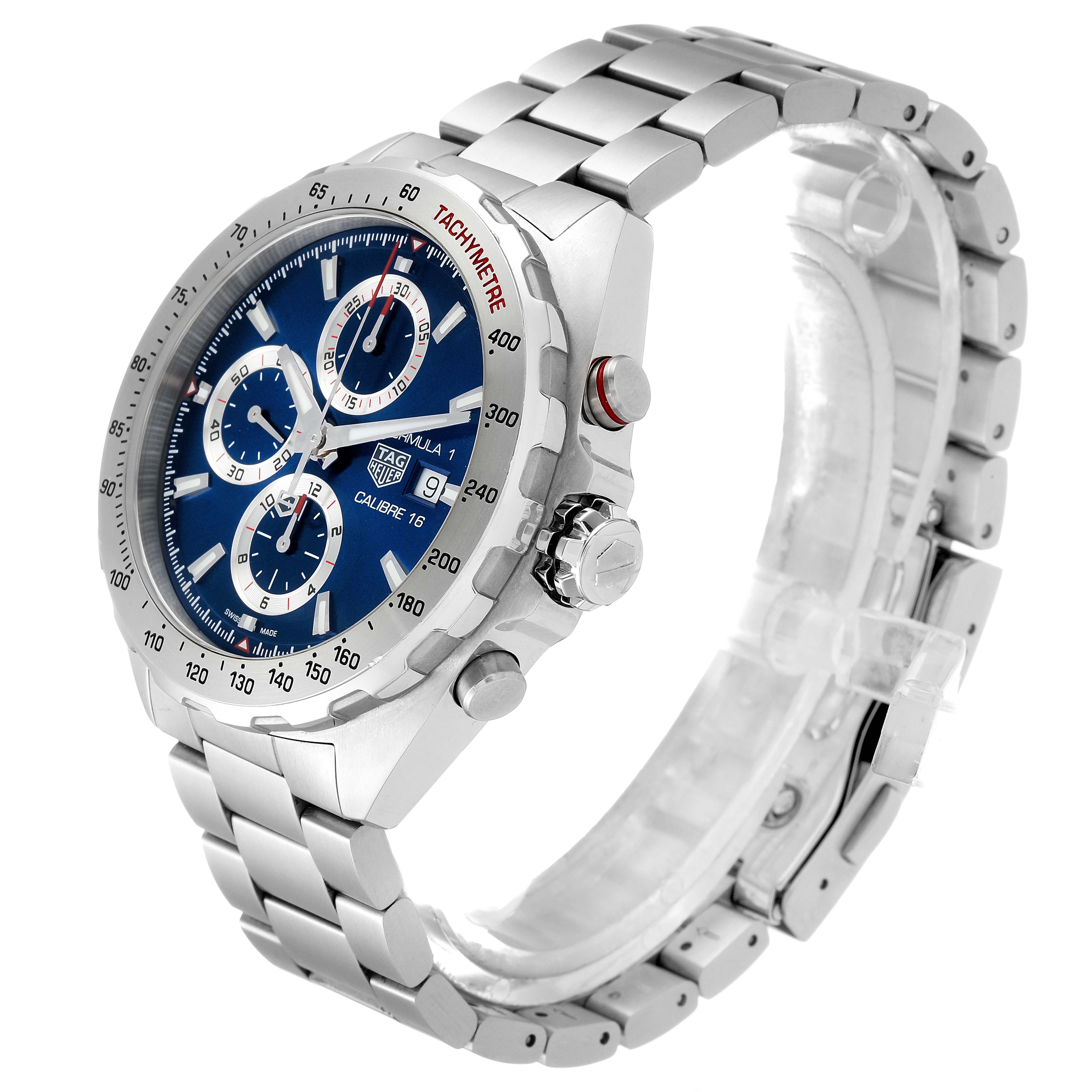 The Tag Heuer Formula 1 CAZ2015.BA0876 Men's Stainless Steel Blue Dial CAZ2015.BA0876 Men's Stainless Steel Blue Dial watch is shown at a three-quarter angle displaying the face, bezel, pushers, crown, and stainless steel bracelet.