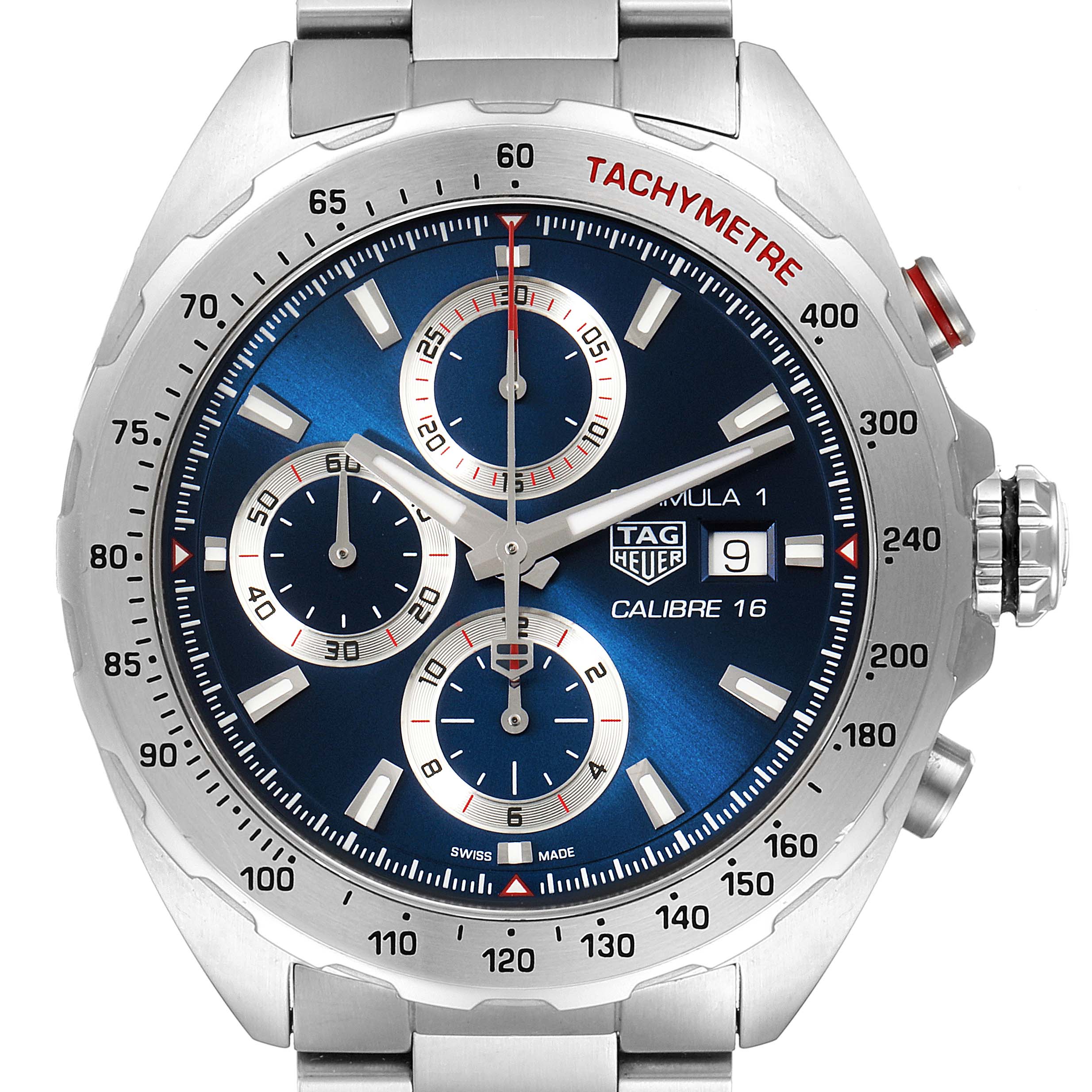 The image shows a front view of the Tag Heuer Formula 1 CAZ2015.BA0876 Men's Stainless Steel Blue Dial CAZ2015.BA0876 Men's Stainless Steel Blue Dial watch, highlighting its blue dial, subdials, and tachymeter scale.