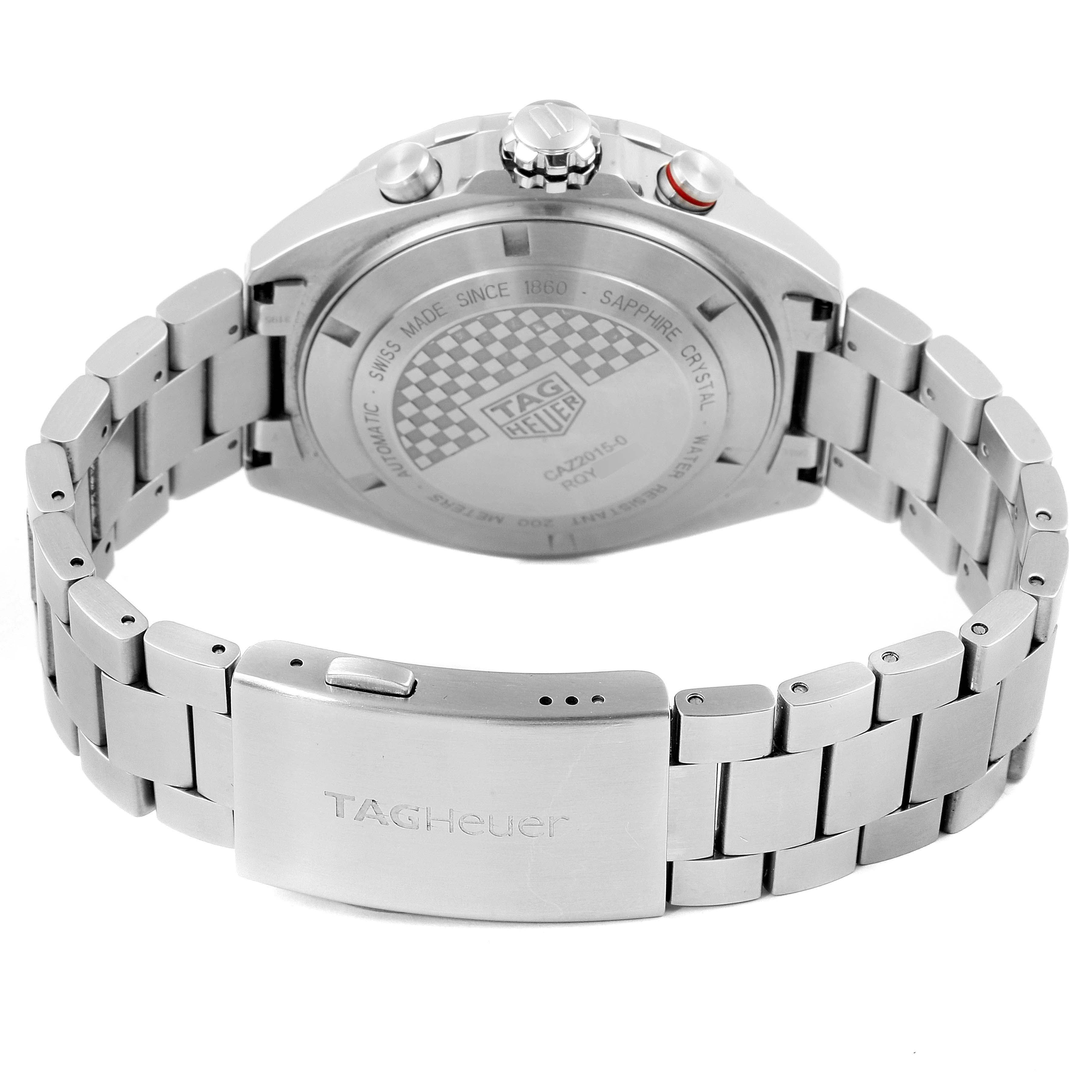 This image shows the back of a Tag Heuer Formula 1 CAZ2015.BA0876 Men's Stainless Steel Blue Dial CAZ2015.BA0876 Men's Stainless Steel Blue Dial watch, highlighting the case back, crown, and bracelet clasp.