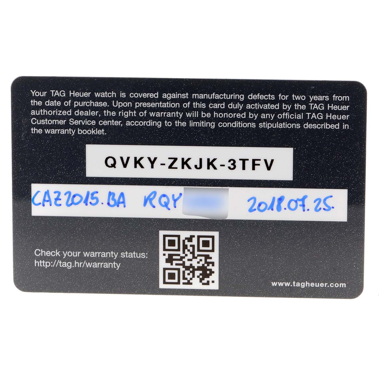 This is the warranty card for the Tag Heuer Formula 1 CAZ2015.BA0876 Men's Stainless Steel Blue Dial CAZ2015.BA0876 Men's Stainless Steel Blue Dial model watch, displaying warranty details and a QR code.