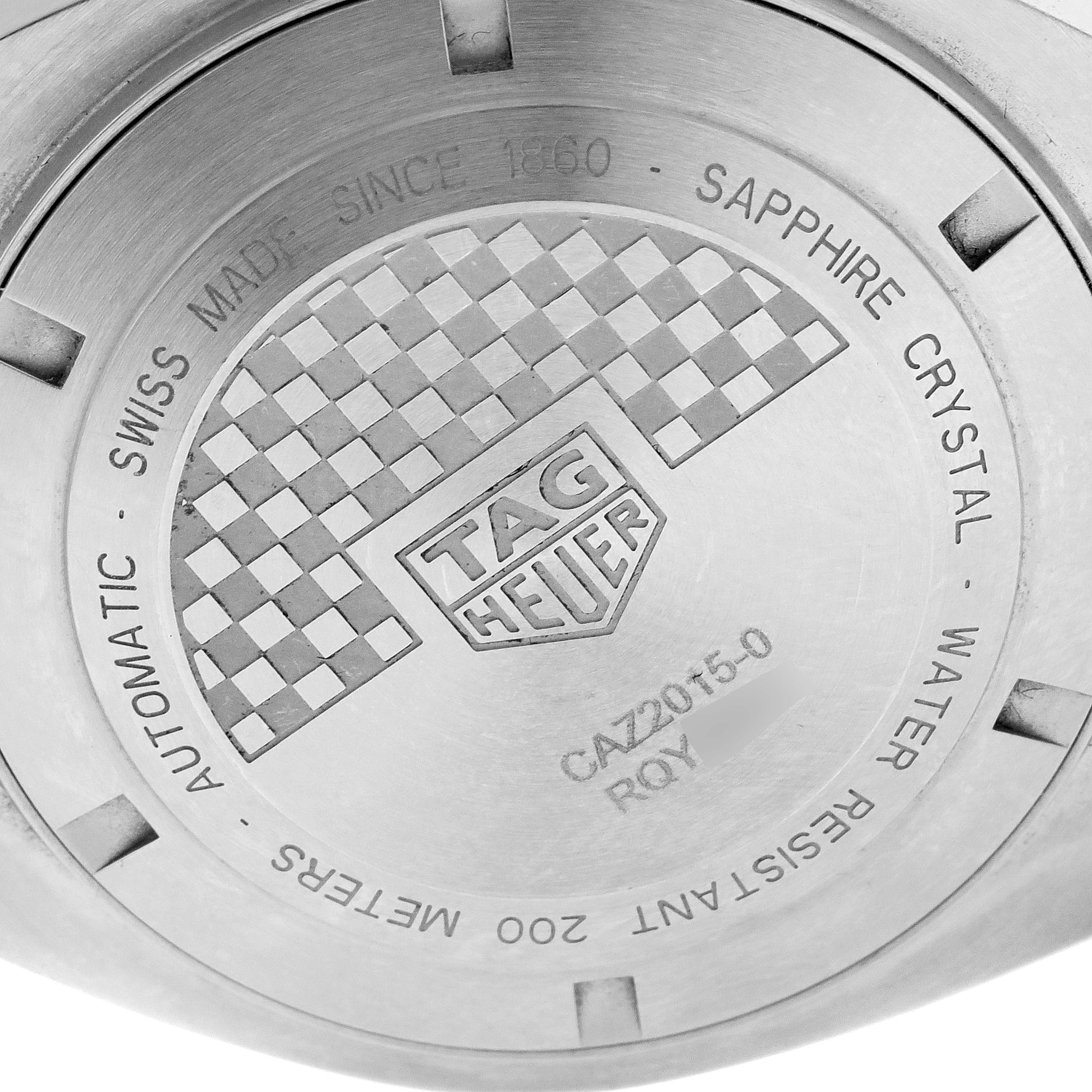 The image shows the back case of a Tag Heuer Formula 1 CAZ2015.BA0876 Men's Stainless Steel Blue Dial CAZ2015.BA0876 Men's Stainless Steel Blue Dial model watch, highlighting its logo and specifications.