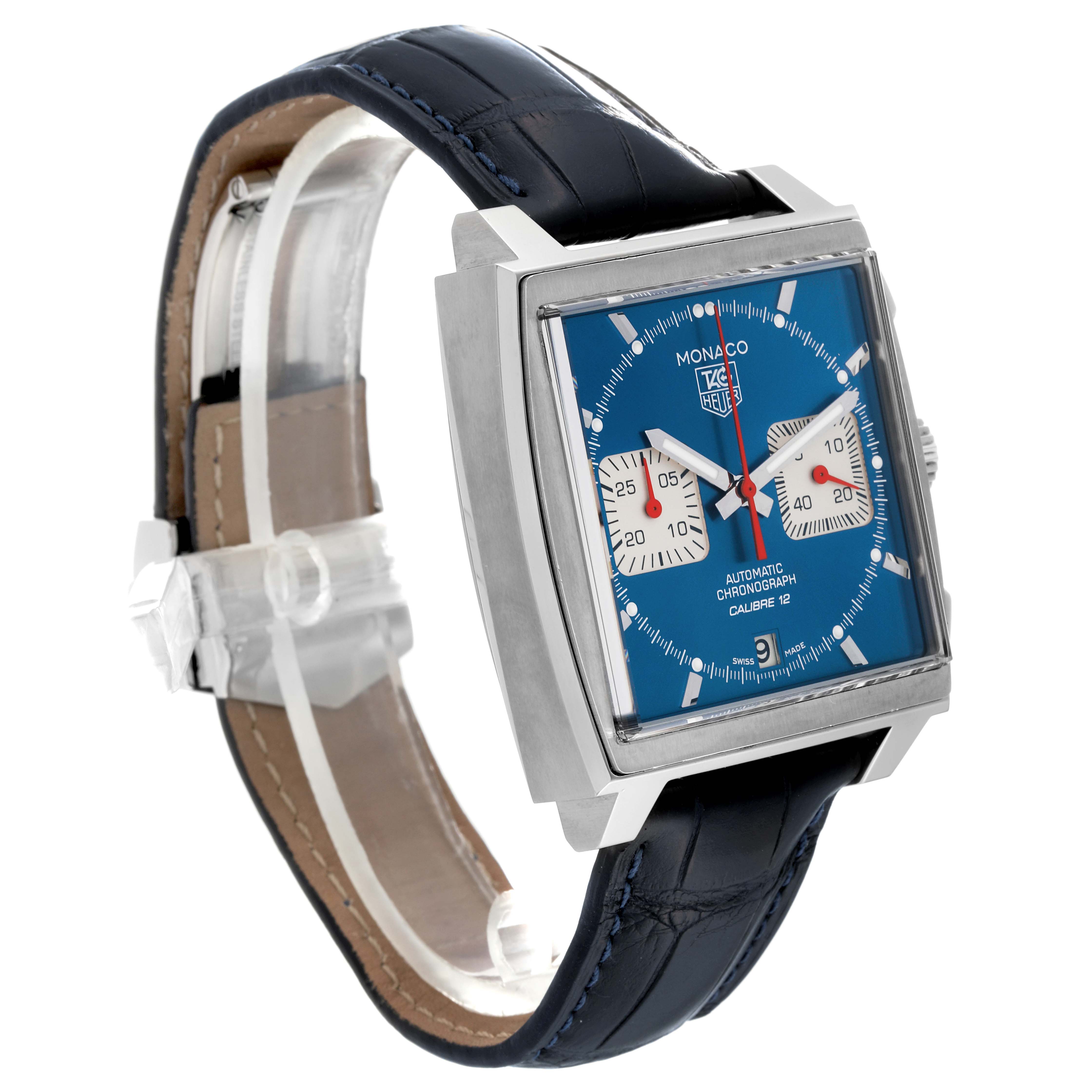 The image shows a Tag Heuer Monaco CAW2111.FC6183 Men's Stainless Steel Blue Dial CAW2111.FC6183 Men's Stainless Steel Blue Dial watch from a three-quarter angle, highlighting its square face and blue dial.