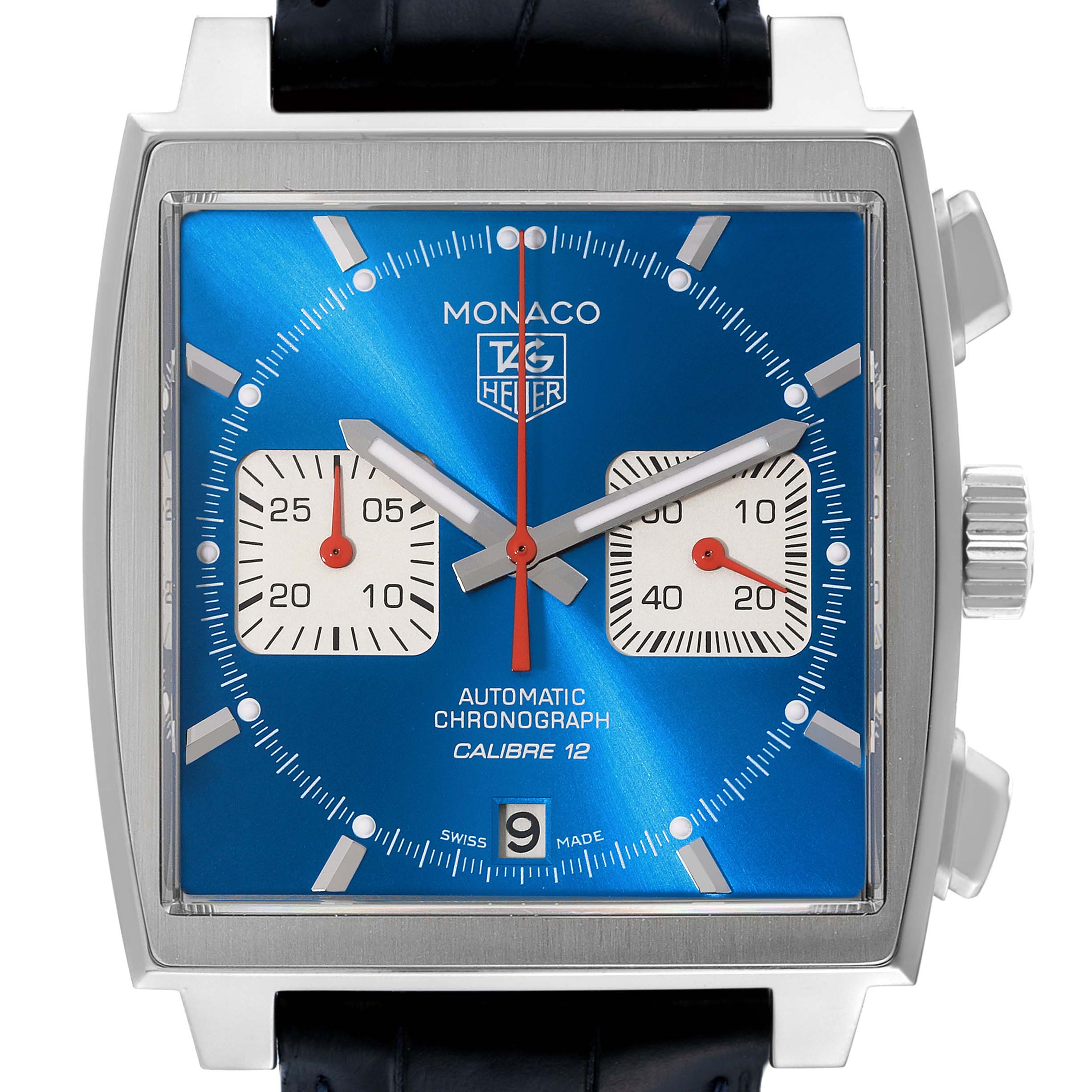 The image shows a front view of the Tag Heuer Monaco CAW2111.FC6183 Men's Stainless Steel Blue Dial CAW2111.FC6183 Men's Stainless Steel Blue Dial watch, highlighting its blue dial, stainless steel case, and chronograph subdials.
