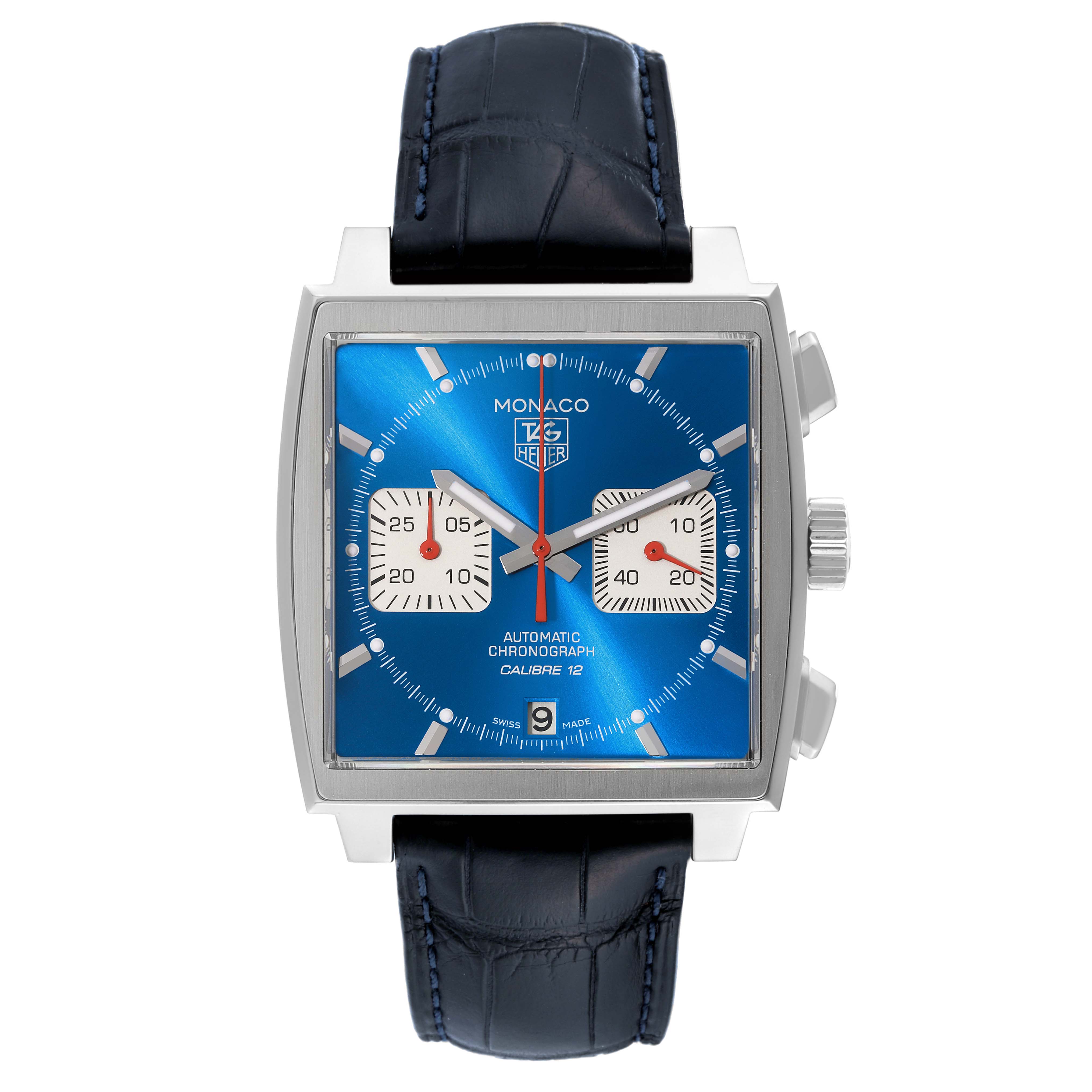 The image shows a front view of a Tag Heuer Monaco CAW2111.FC6183 Men's Stainless Steel Blue Dial CAW2111.FC6183 Men's Stainless Steel Blue Dial watch, displaying its blue square dial, two subdials, and a black leather strap.