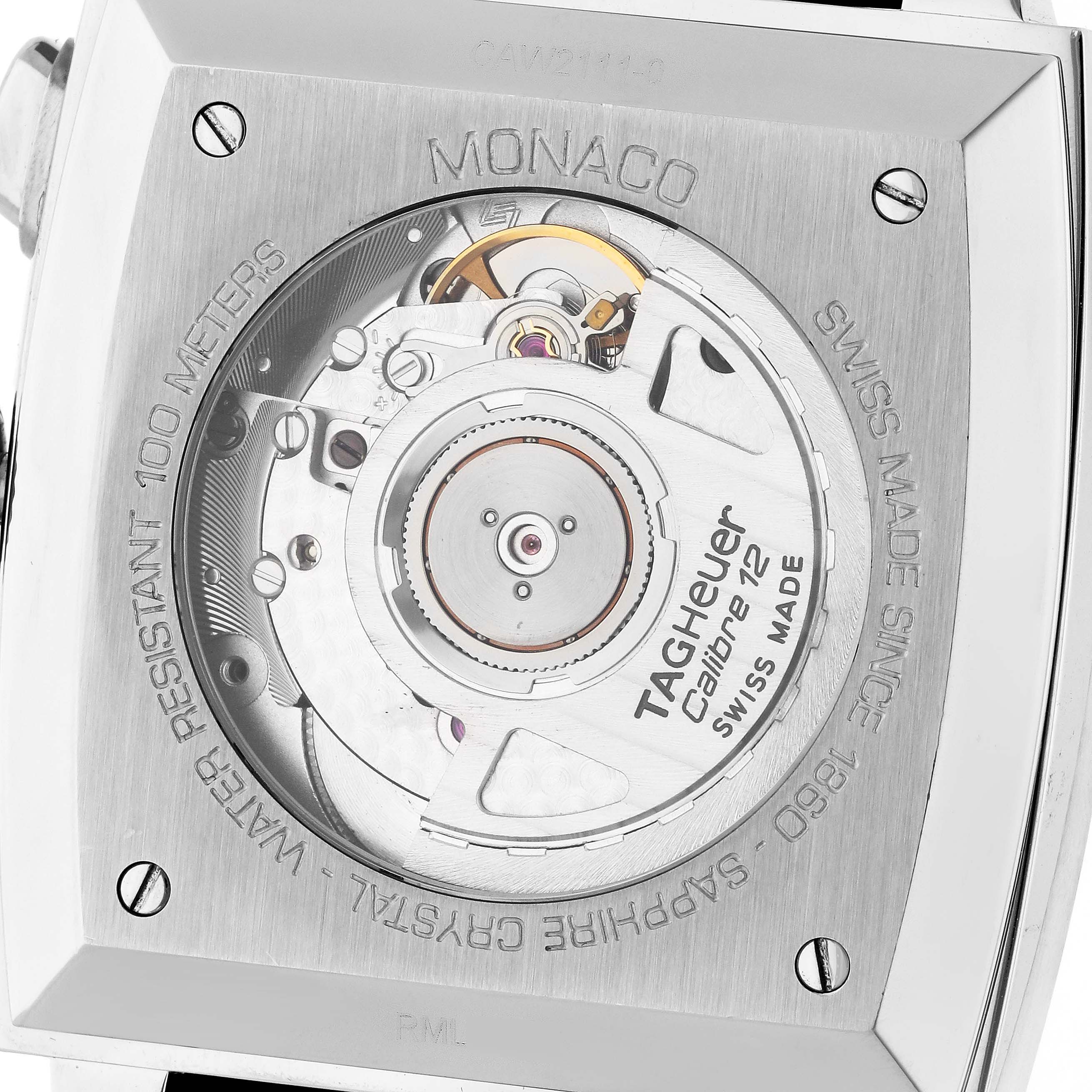 This image shows the back of the Tag Heuer Monaco CAW2111.FC6183 Men's Stainless Steel Blue Dial CAW2111.FC6183 Men's Stainless Steel Blue Dial watch, revealing its Calibre 12 automatic movement.