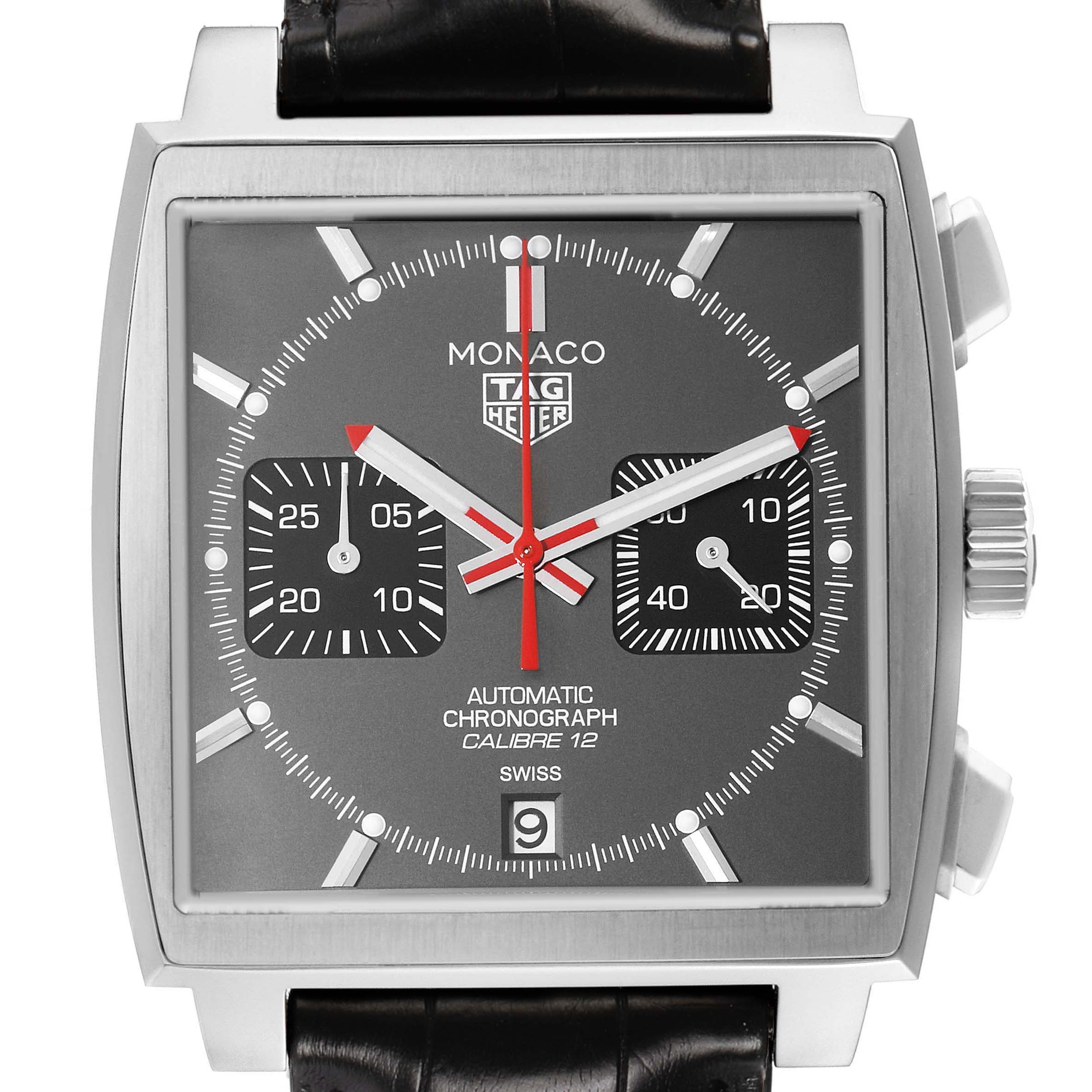 The image shows a frontal view of the Tag Heuer Monaco CAW211J.FC6476 Men's Stainless Steel Grey Dial watch, highlighting its square dial, chronograph subdials, and crown.