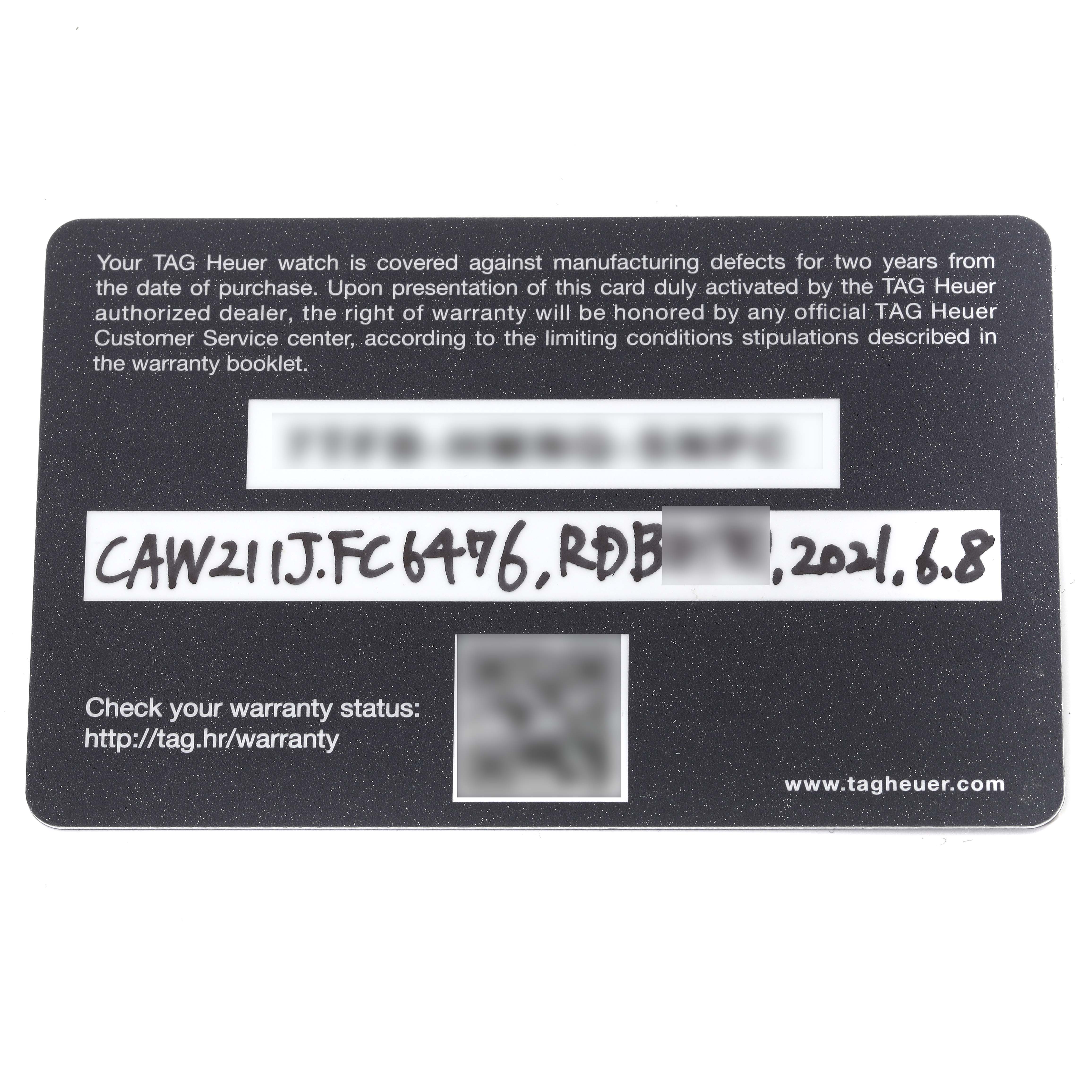 This is a straight-angle shot of the warranty card for the Tag Heuer Monaco CAW211J.FC6476 Men
s Stainless Steel Grey Dial CAW211J.FC6476 Men
s Stainless Steel Grey Dial watch model.