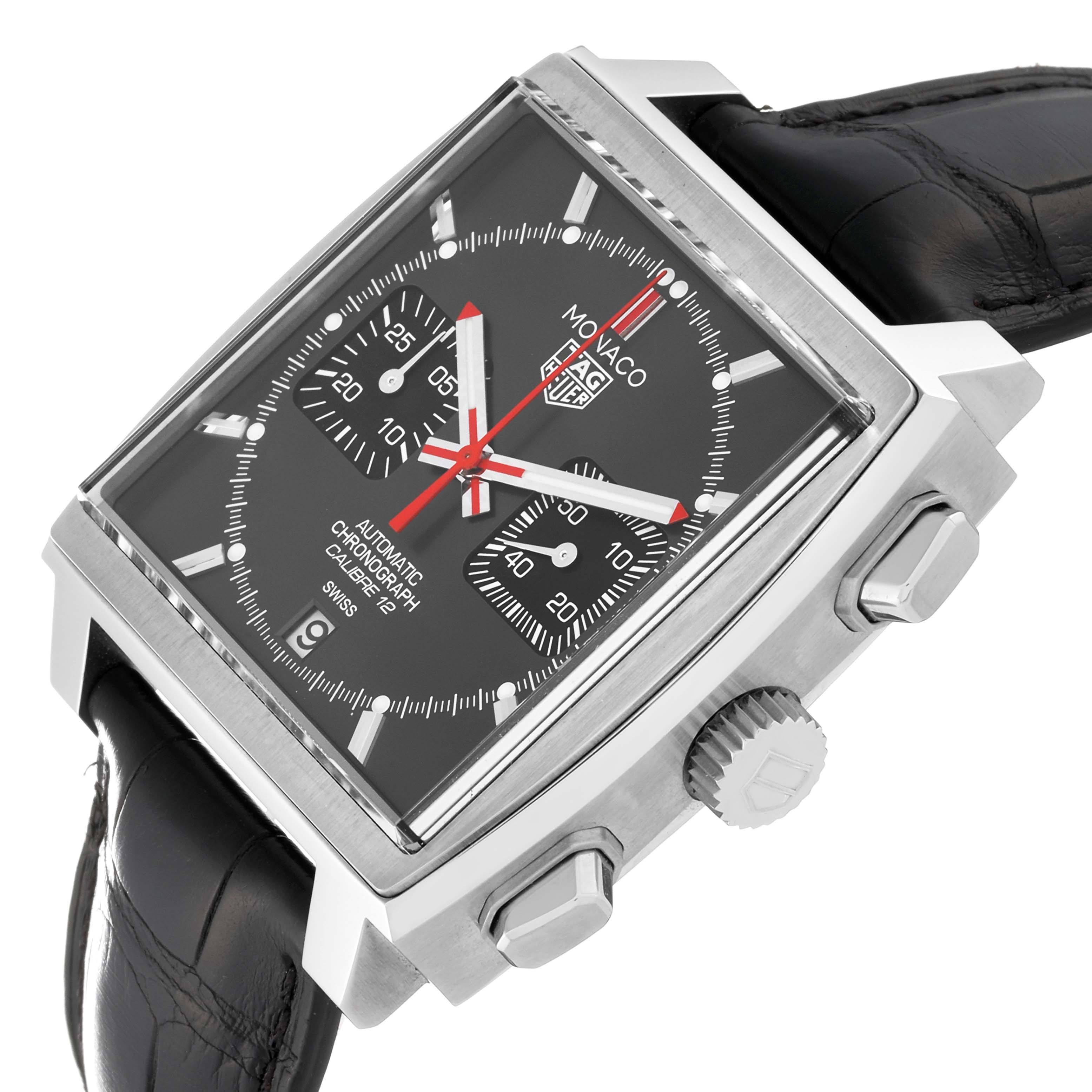 This image shows a Tag Heuer Monaco CAW211J.FC6476 Men
s Stainless Steel Grey Dial CAW211J.FC6476 Men
s Stainless Steel Grey Dial watch at a slight side angle, highlighting the dial, crown, and pushers.