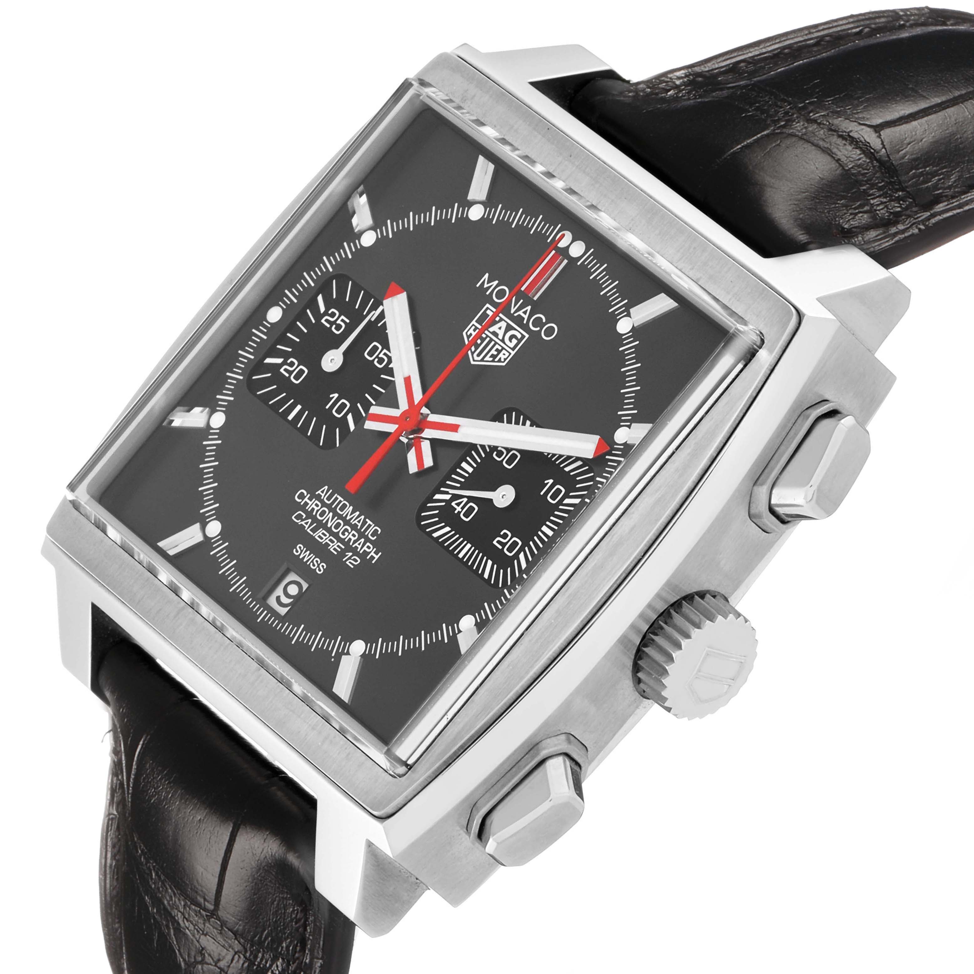 The image shows the Tag Heuer Monaco CAW211J.FC6476 Men's Stainless Steel Grey Dial watch at an angled side view, highlighting the case, crown, and black leather strap.