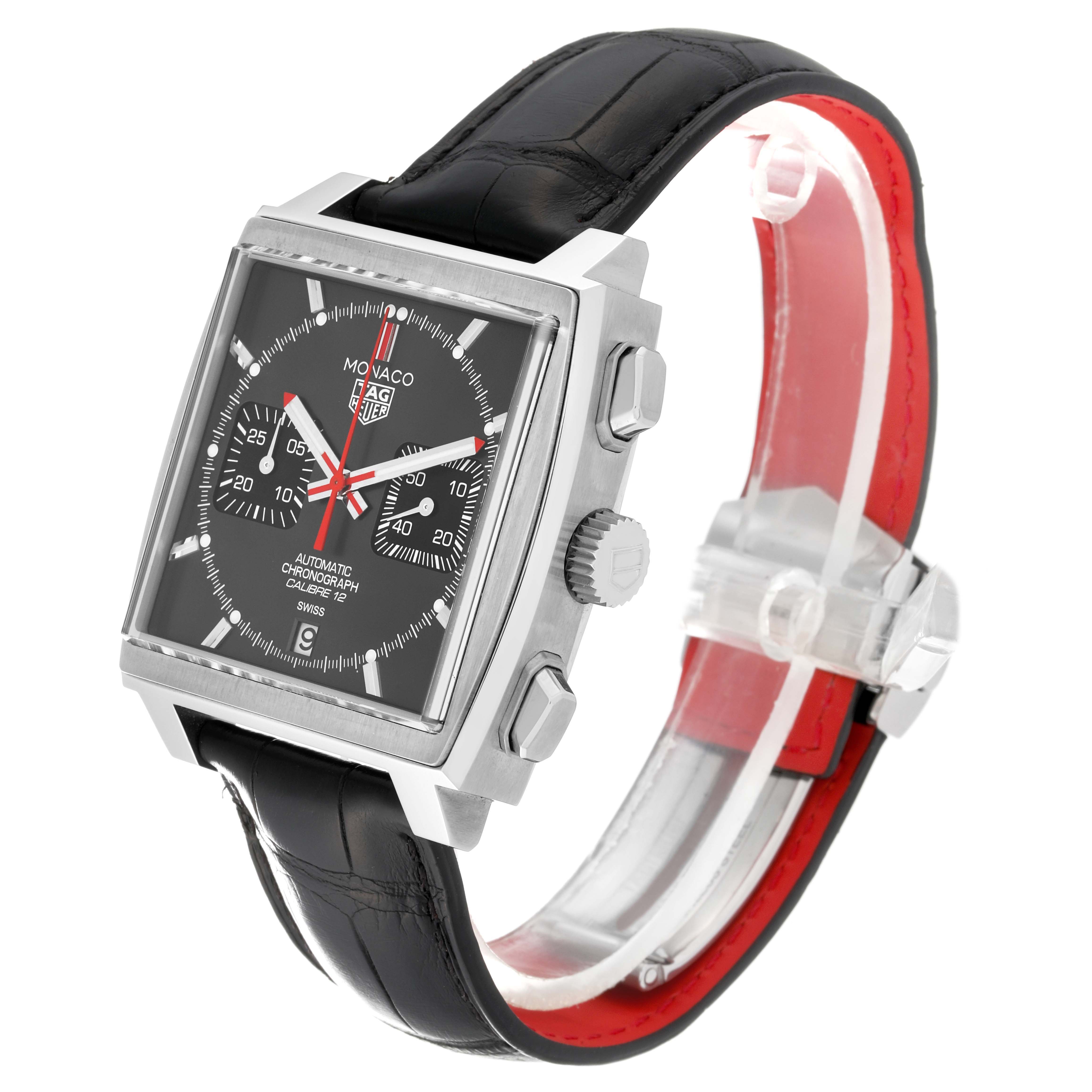 The Tag Heuer Monaco CAW211J.FC6476 Men's Stainless Steel Grey Dial watch is shown at a three-quarter angle, highlighting the case, dial, crown, and leather strap.
