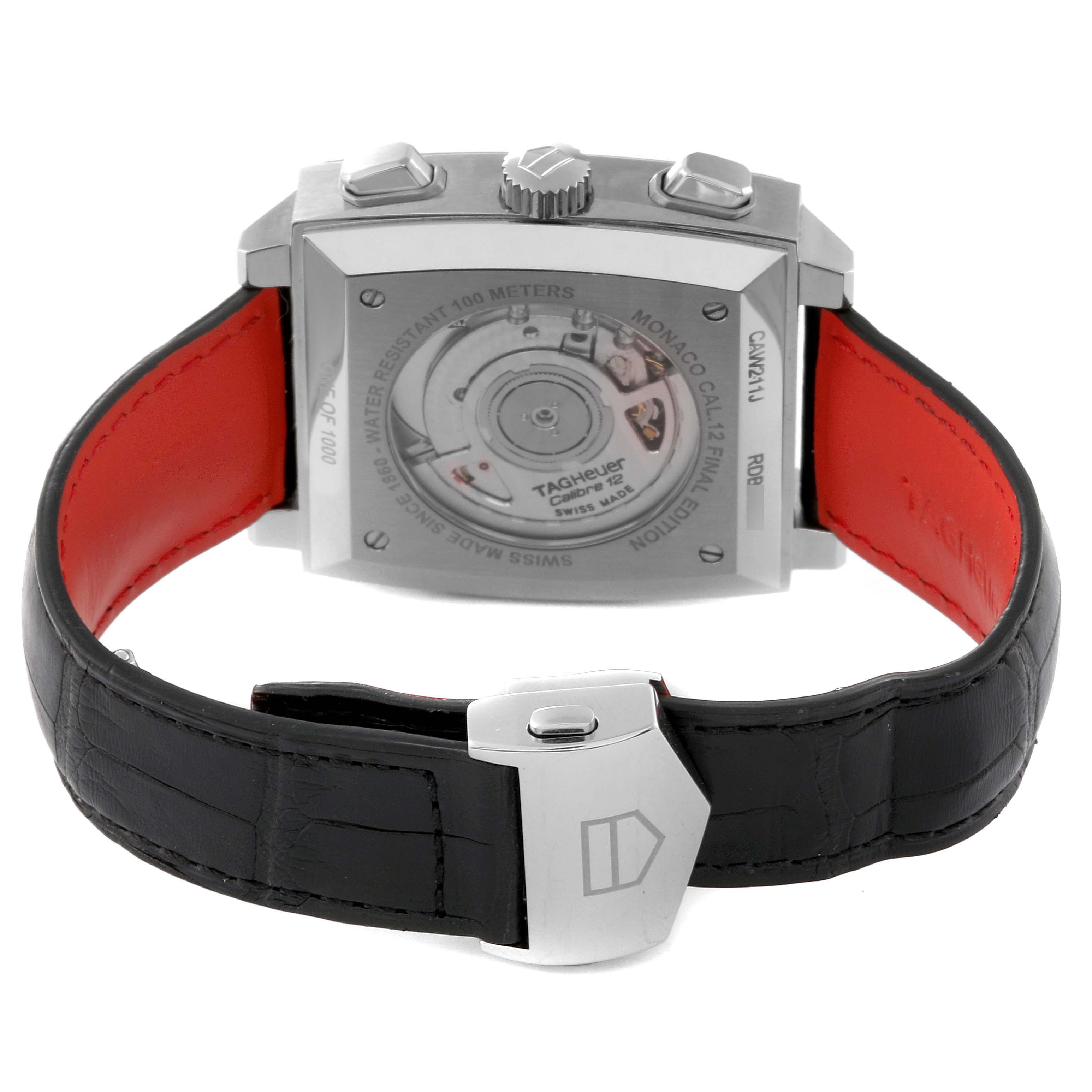 This image shows the back view of a Tag Heuer Monaco CAW211J.FC6476 Men
s Stainless Steel Grey Dial CAW211J.FC6476 Men
s Stainless Steel Grey Dial watch, highlighting its movement through a transparent case back.