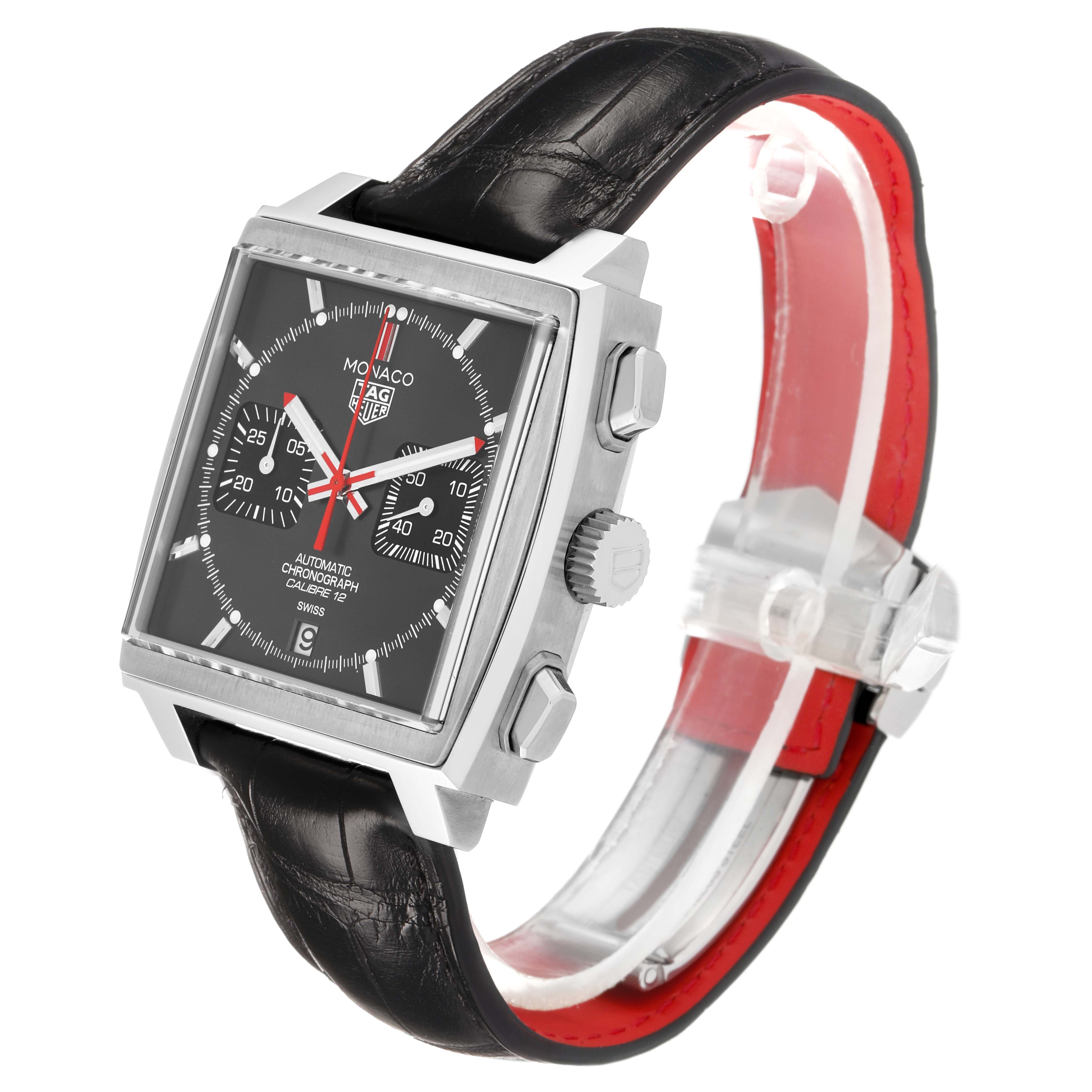 The Tag Heuer Monaco CAW211J.FC6476 Men's Stainless Steel Grey Dial is shown at a 3/4 angle, displaying the dial, case, crown, pushers, and strap details.