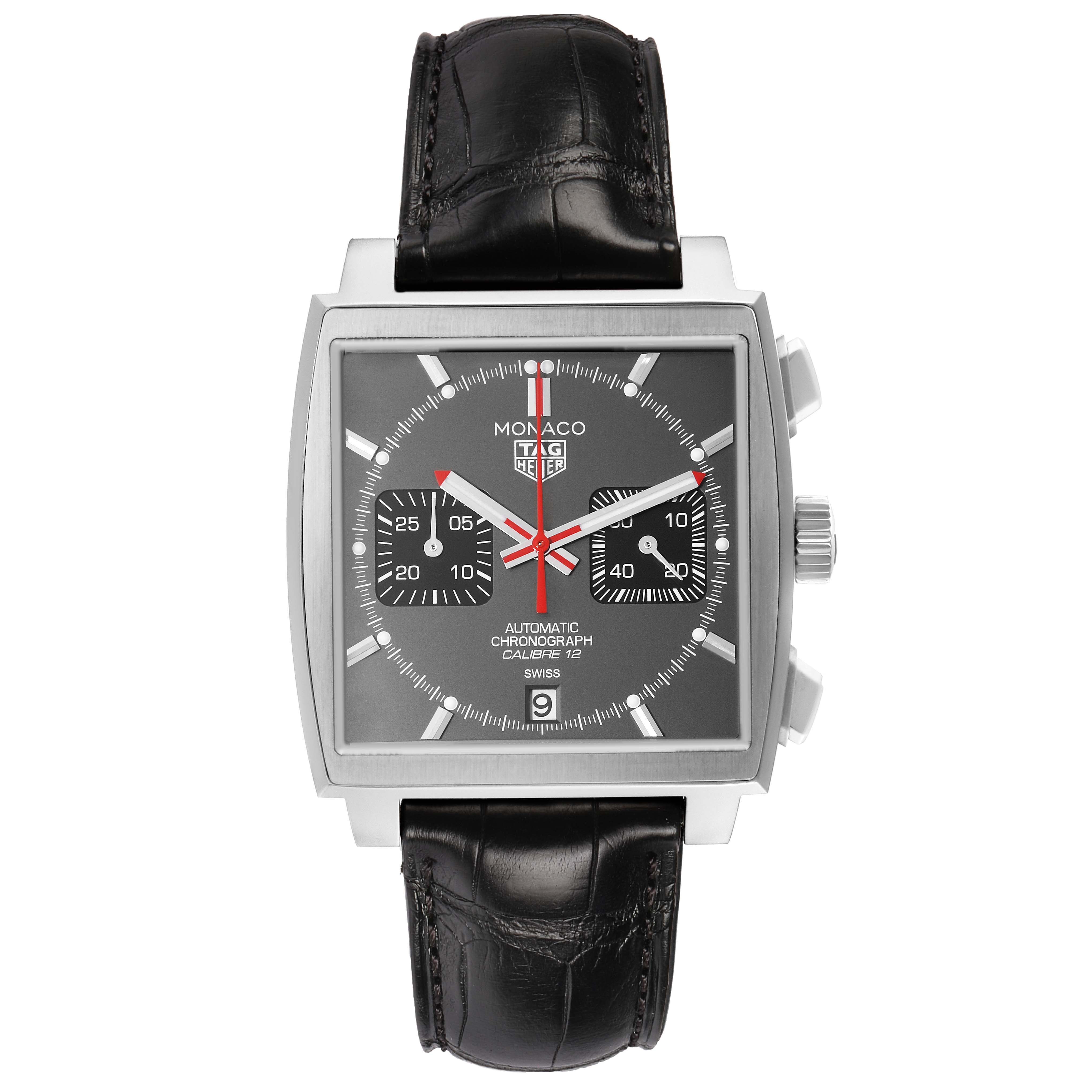 The Tag Heuer Monaco CAW211J.FC6476 Men's Stainless Steel Grey Dial watch is shown from the front, highlighting its square case, dial, and black leather strap.