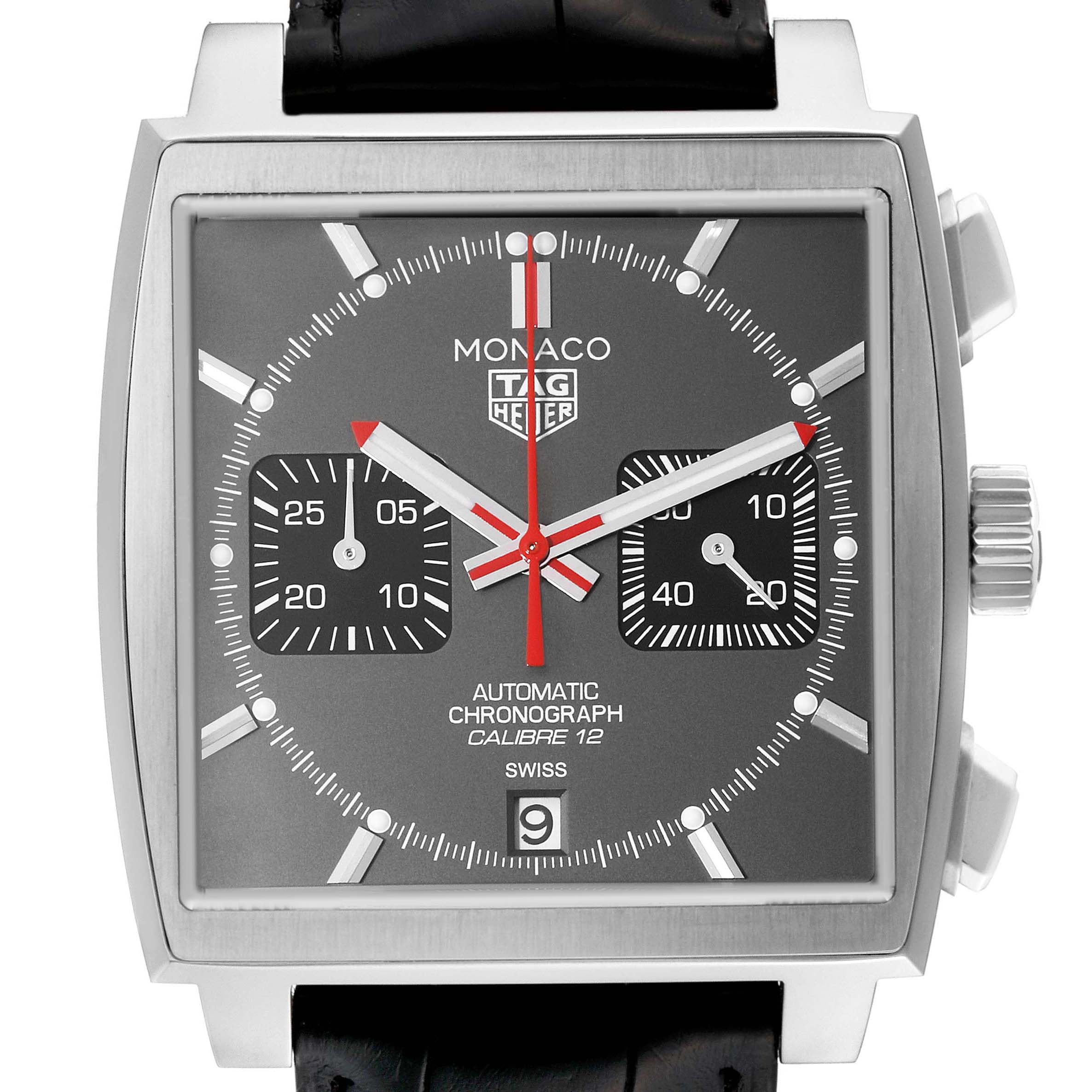 The image shows a front view of the Tag Heuer Monaco CAW211J.FC6476 Men's Stainless Steel Grey Dial watch, focusing on the face and casing details.