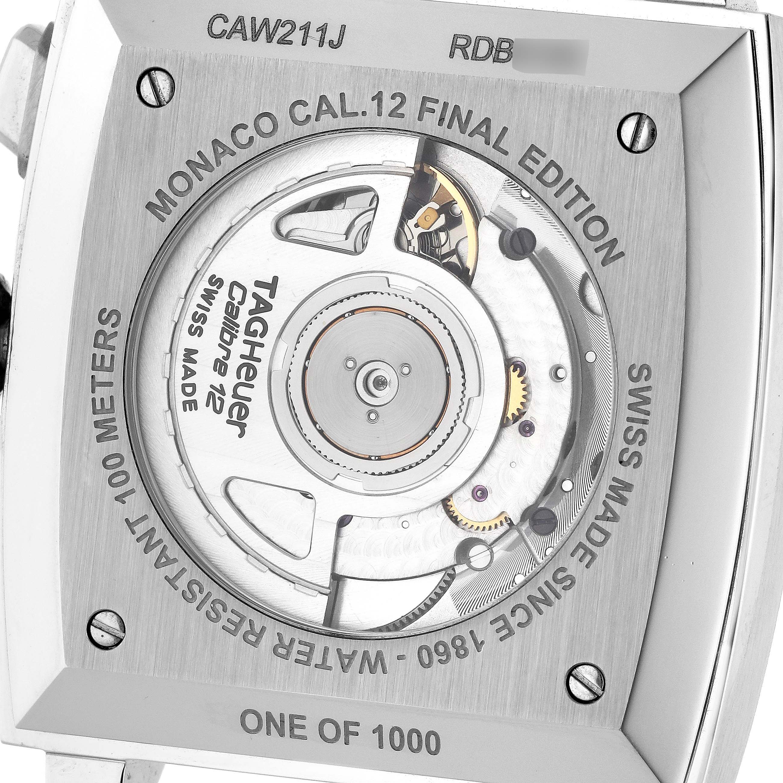 The image shows the movement and case back of a Tag Heuer Monaco CAW211J.FC6476 Men
s Stainless Steel Grey Dial CAW211J.FC6476 Men
s Stainless Steel Grey Dial Calibre 12 Final Edition watch.