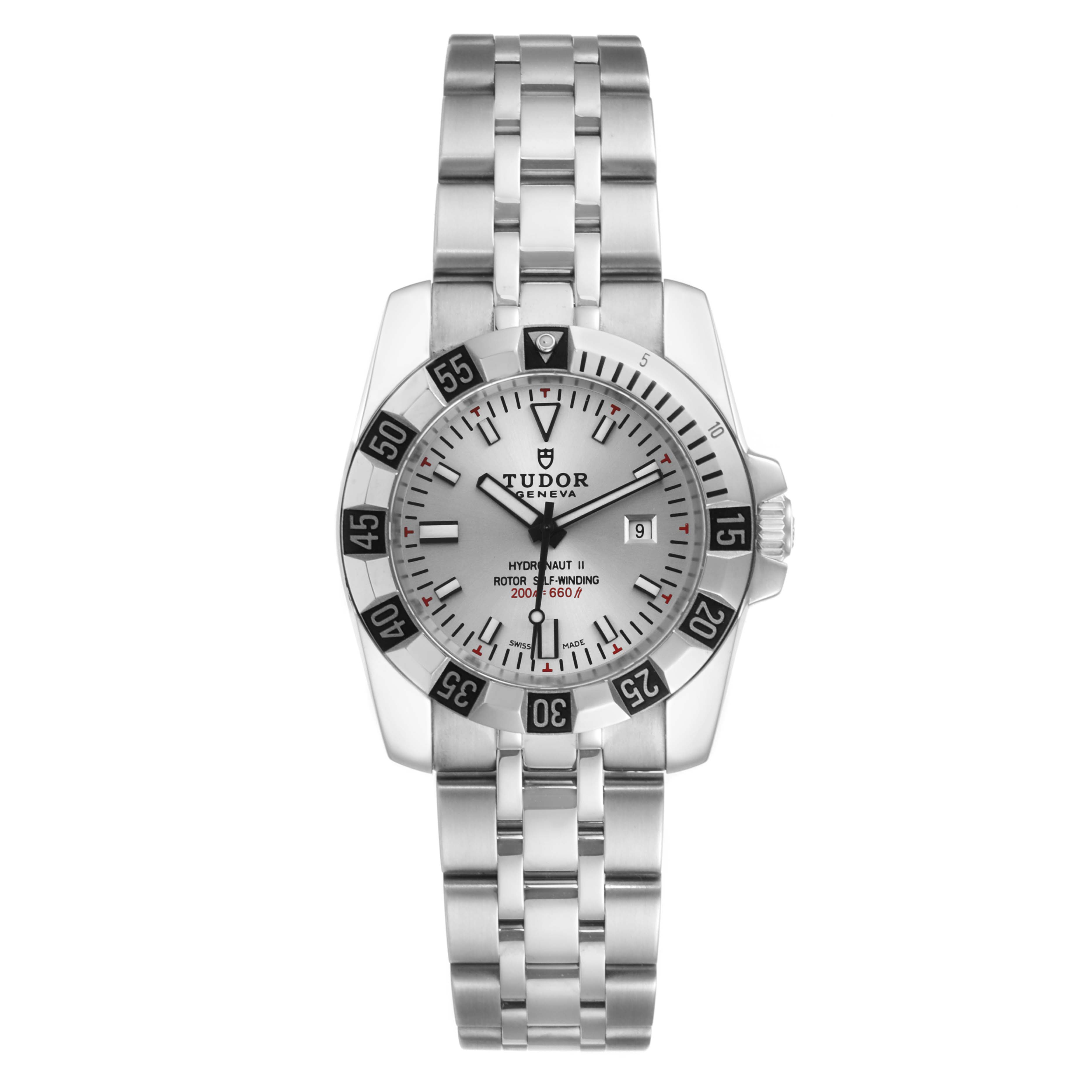The image shows a frontal view of a Tudor Hydronaut 24030 Women's Stainless Steel Silver Dial 24030 Women's Stainless Steel Silver Dial model watch, highlighting the dial, bezel, and metal bracelet.