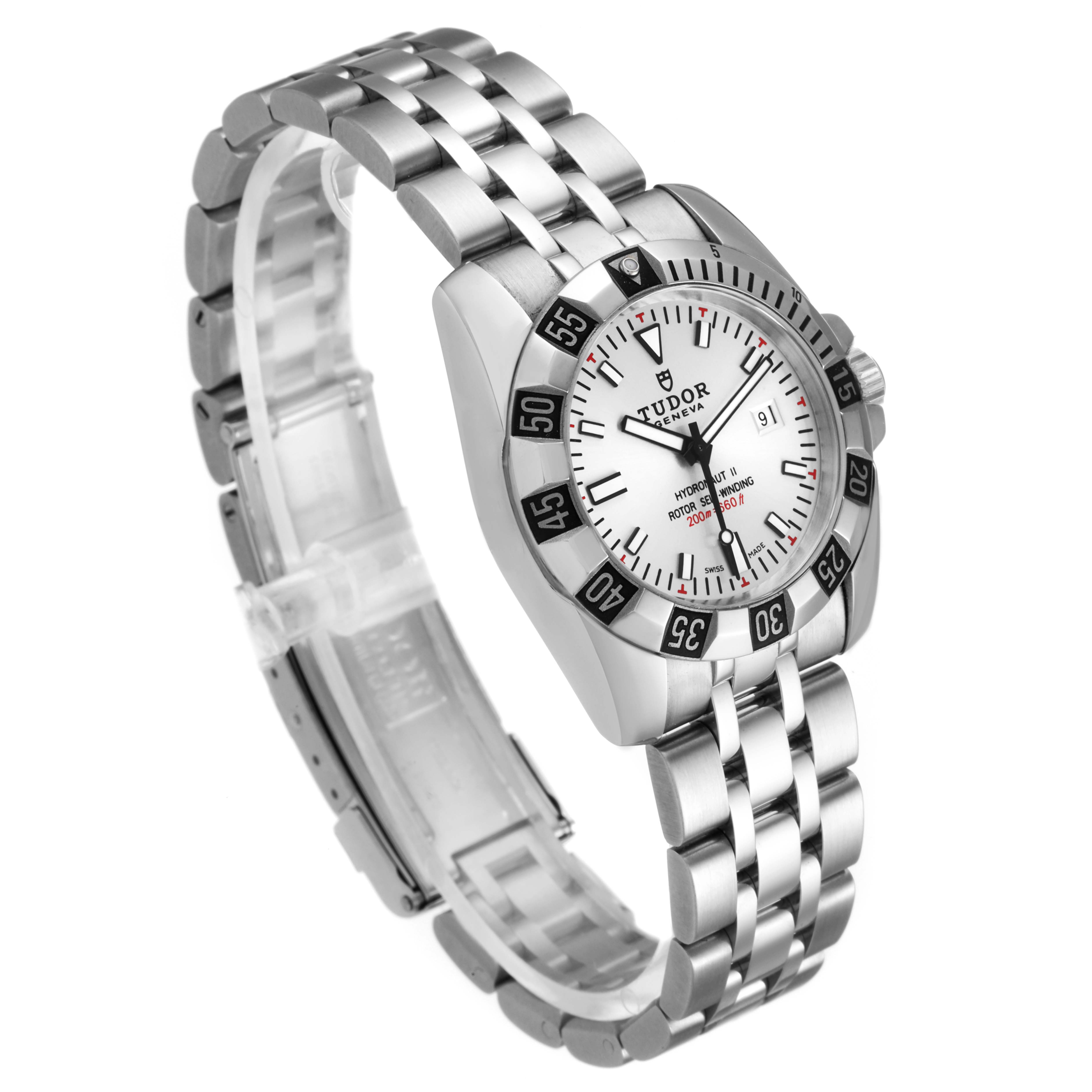The image shows a Tudor Hydronaut 24030 Women's Stainless Steel Silver Dial 24030 Women's Stainless Steel Silver Dial watch at a three-quarter angle, highlighting the face, bezel, and metal bracelet.