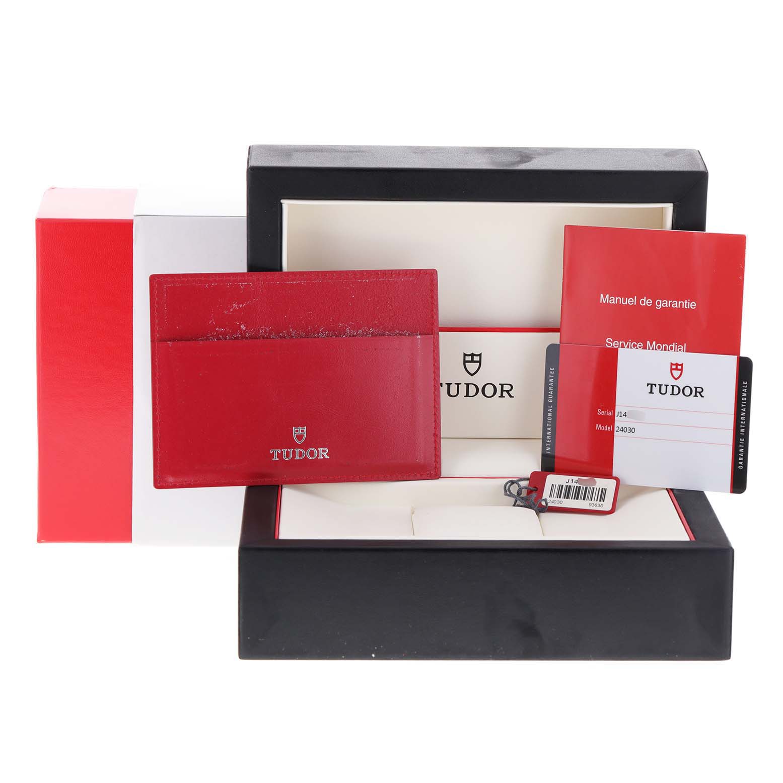 The image shows the packaging, guarantee manual, cardholder, and tags for a Tudor Hydronaut 24030 Women's Stainless Steel Silver Dial 24030 Women's Stainless Steel Silver Dial watch.