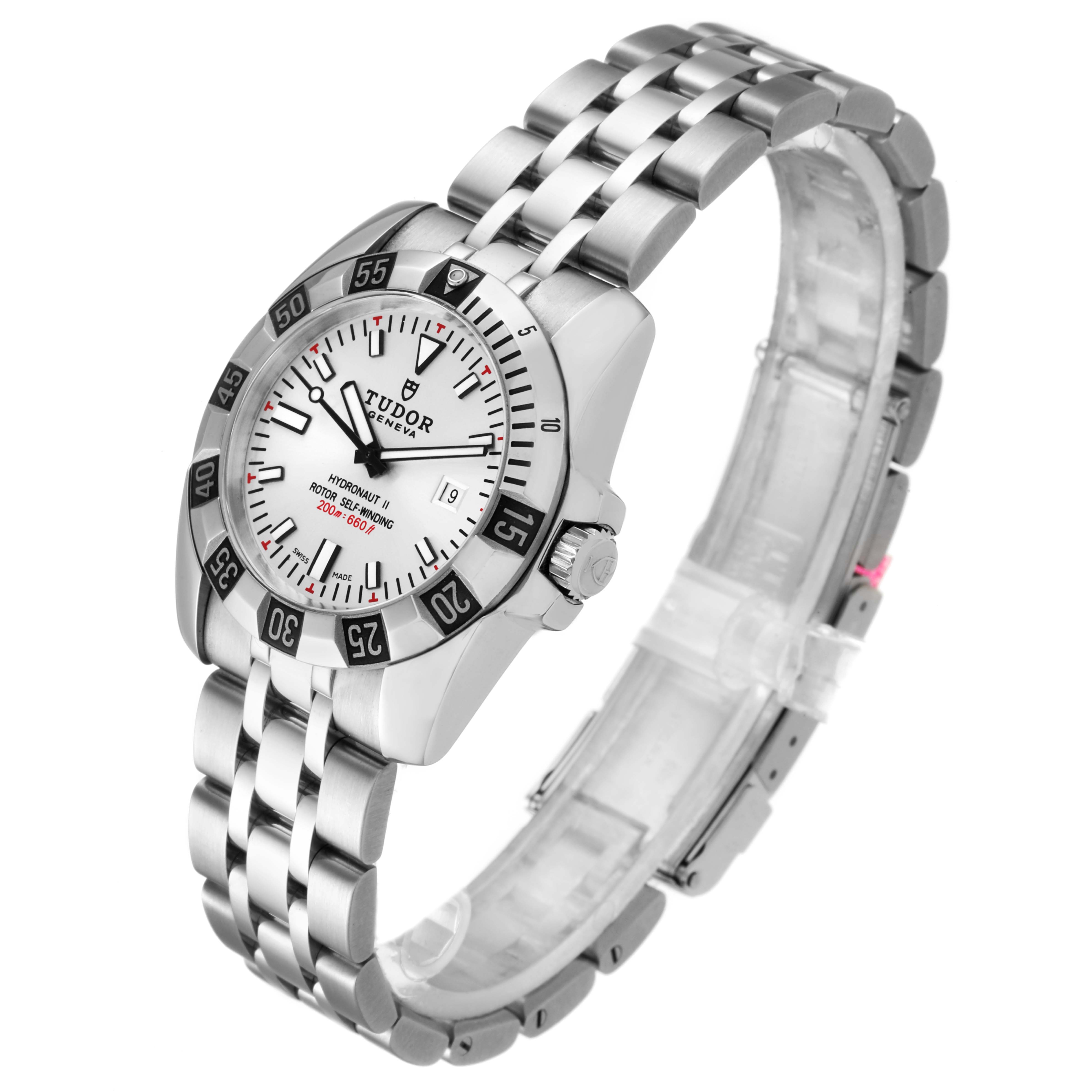 The image shows a Tudor Hydronaut 24030 Women's Stainless Steel Silver Dial 24030 Women's Stainless Steel Silver Dial watch angled to display the face, bezel, crown, and metal bracelet.