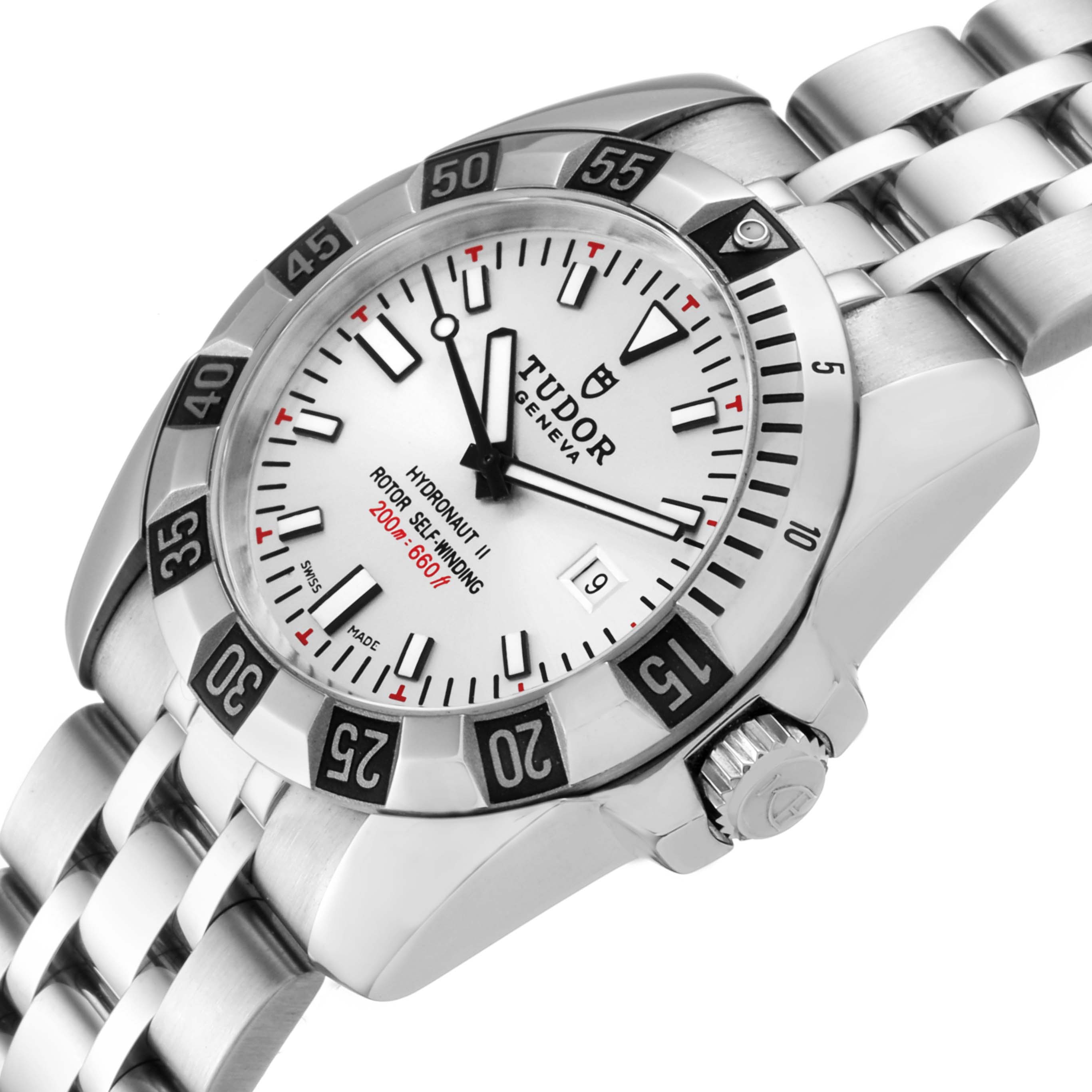 The image shows a close-up angle of the Tudor Hydronaut 24030 Women's Stainless Steel Silver Dial 24030 Women's Stainless Steel Silver Dial watch, highlighting its face, bezel, crown, and part of the bracelet.