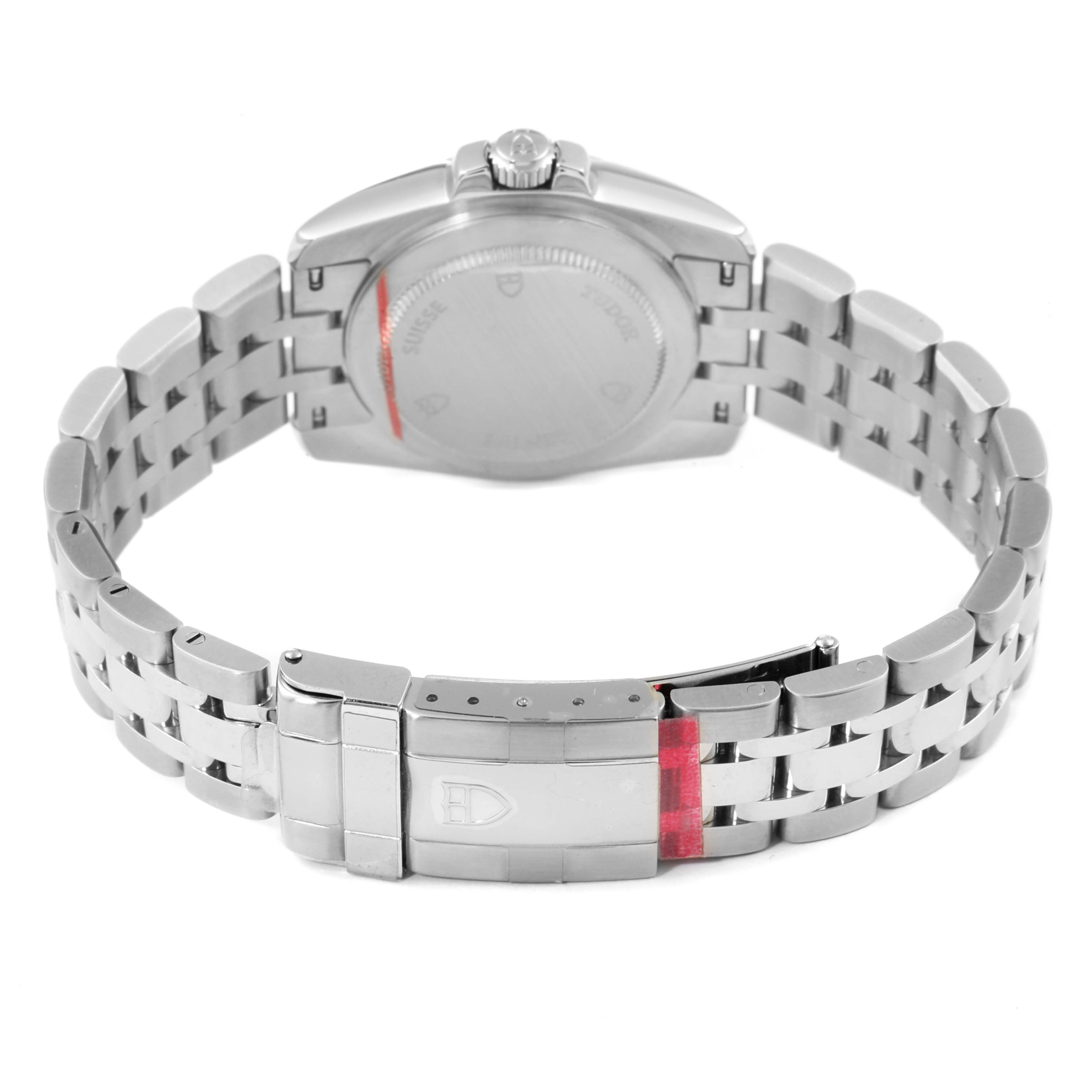 This image shows the back view of the Tudor Hydronaut 24030 Women's Stainless Steel Silver Dial 24030 Women's Stainless Steel Silver Dial watch, featuring the case back and stainless steel bracelet with the clasp.