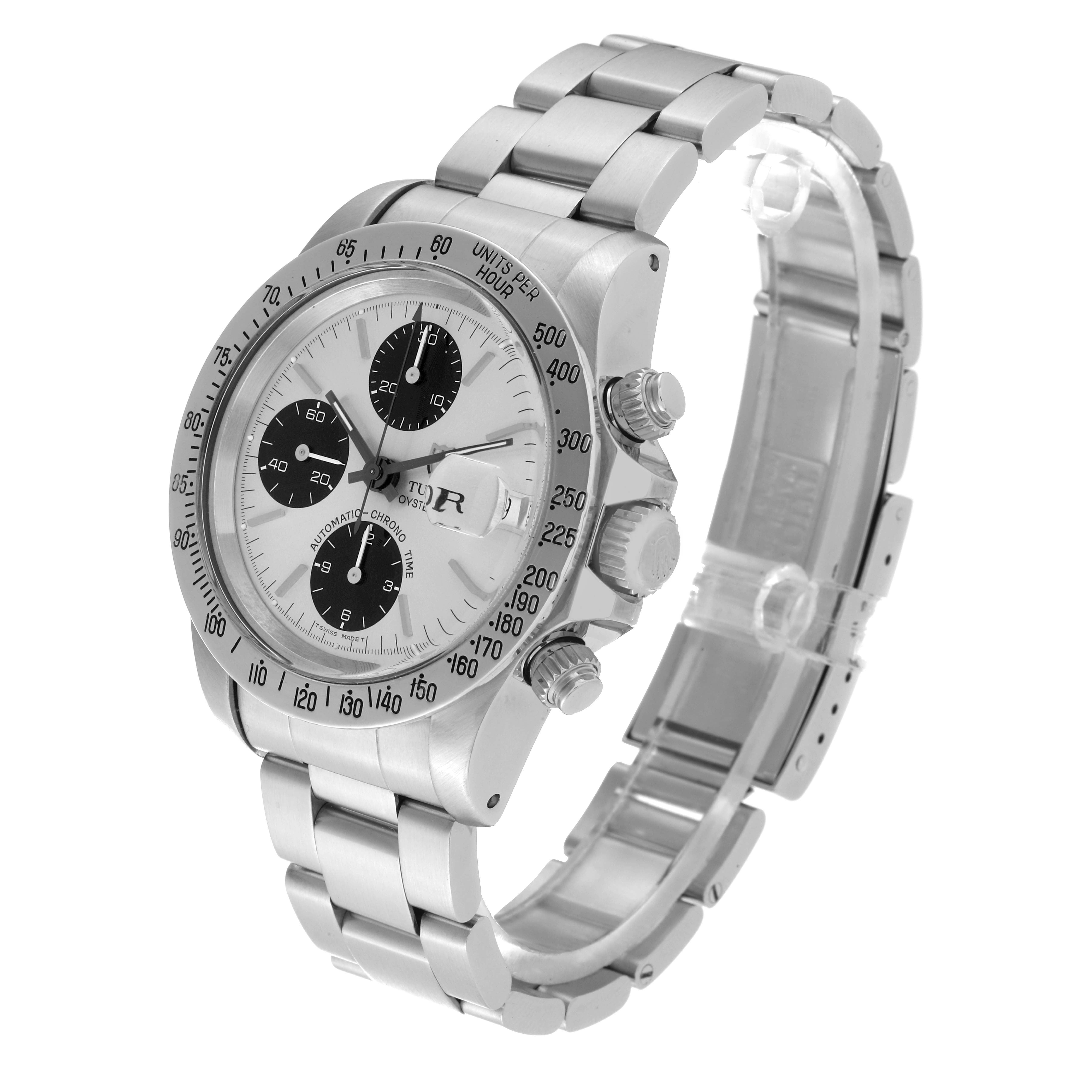 The image shows a Tudor Big Block 79180 Men's Stainless Steel Silver Dial 79180 Men's Stainless Steel Silver Dial watch angled to display the face, bezel, crown, pushers, and stainless steel bracelet.