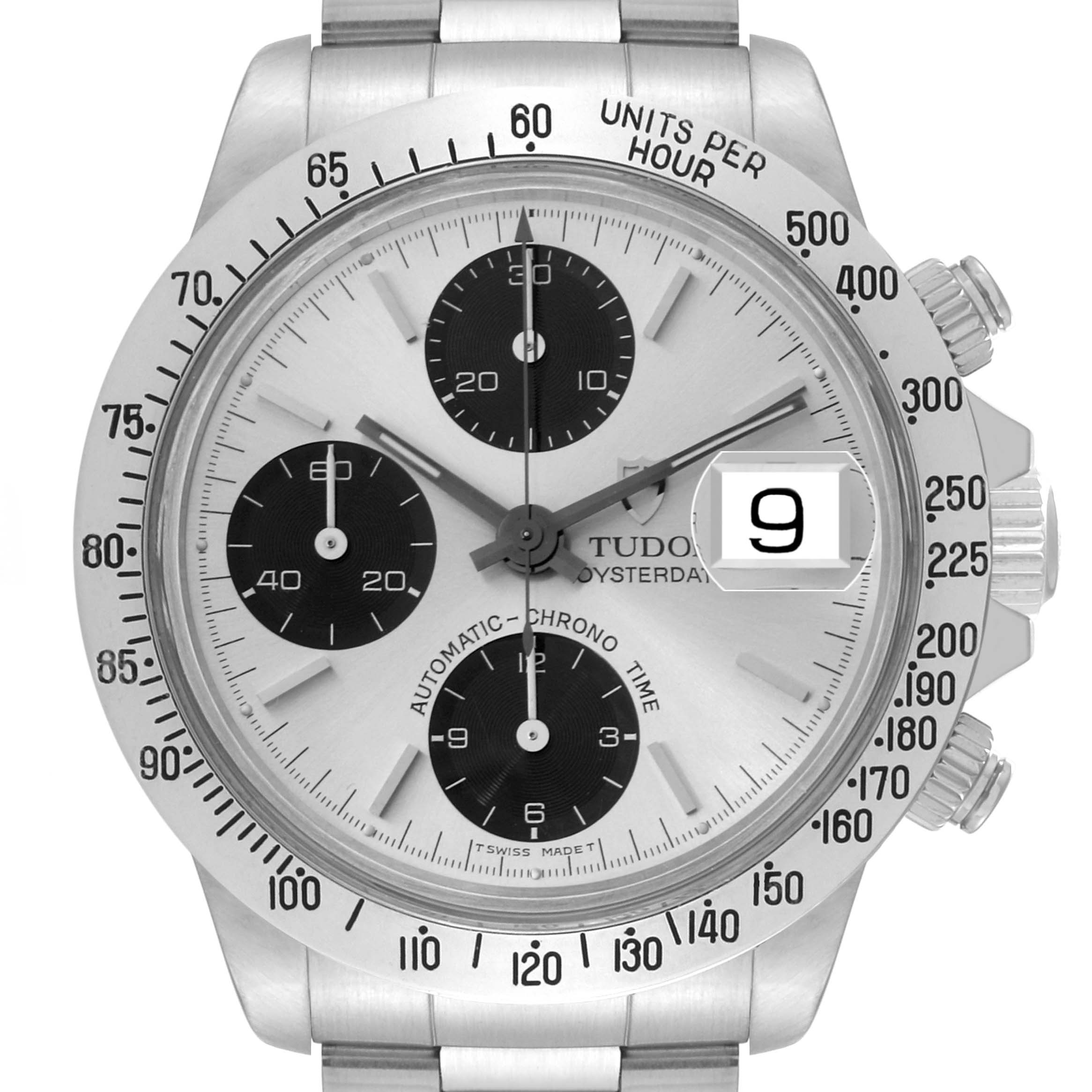 The Tudor Big Block 79180 Men's Stainless Steel Silver Dial 79180 Men's Stainless Steel Silver Dial watch is shown from a direct front angle, showcasing the dial, chronograph subdials, and date window.