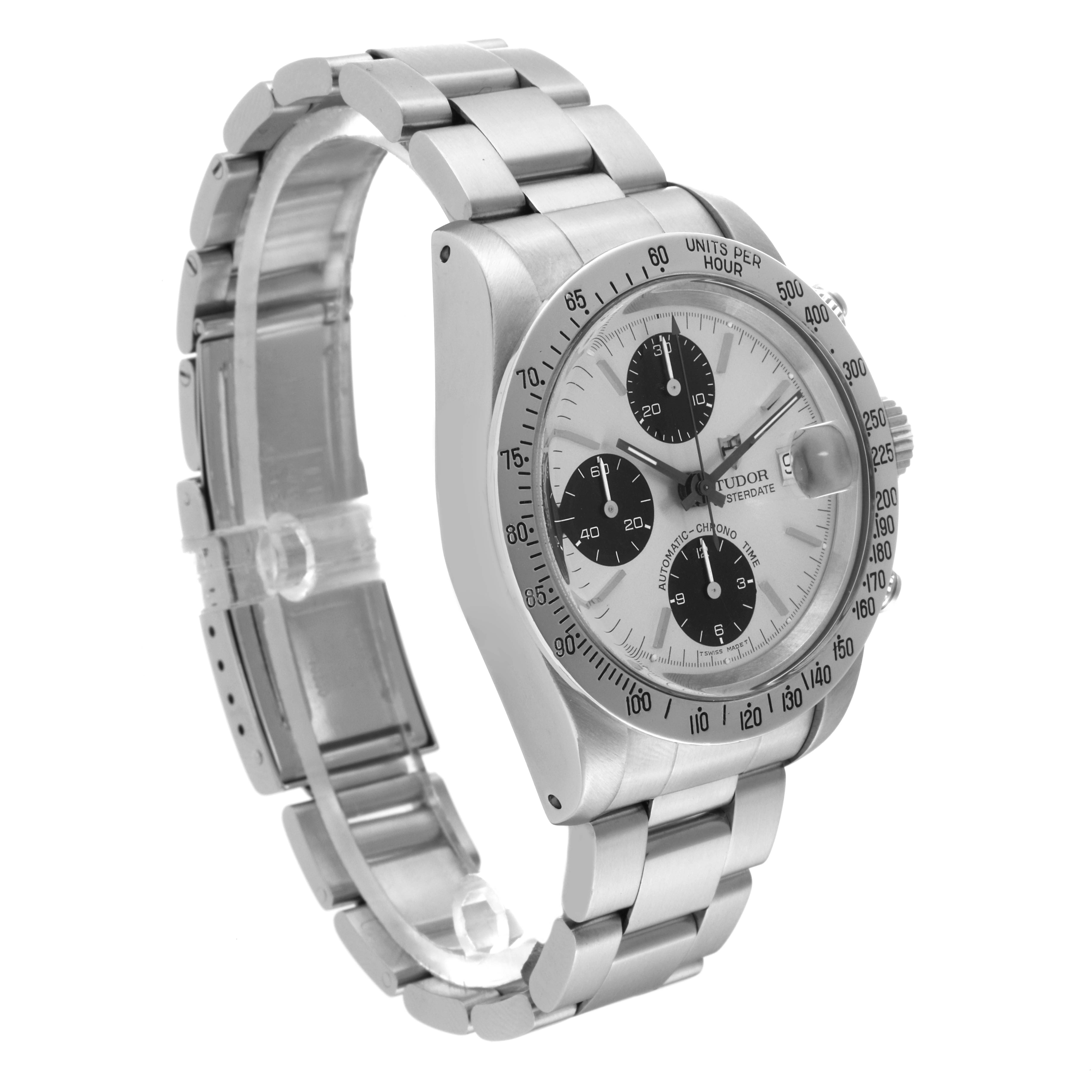 The Tudor Big Block 79180 Men's Stainless Steel Silver Dial 79180 Men's Stainless Steel Silver Dial model watch is shown at a 3/4 angle, displaying the face, chronograph dials, bezel, and stainless steel bracelet.