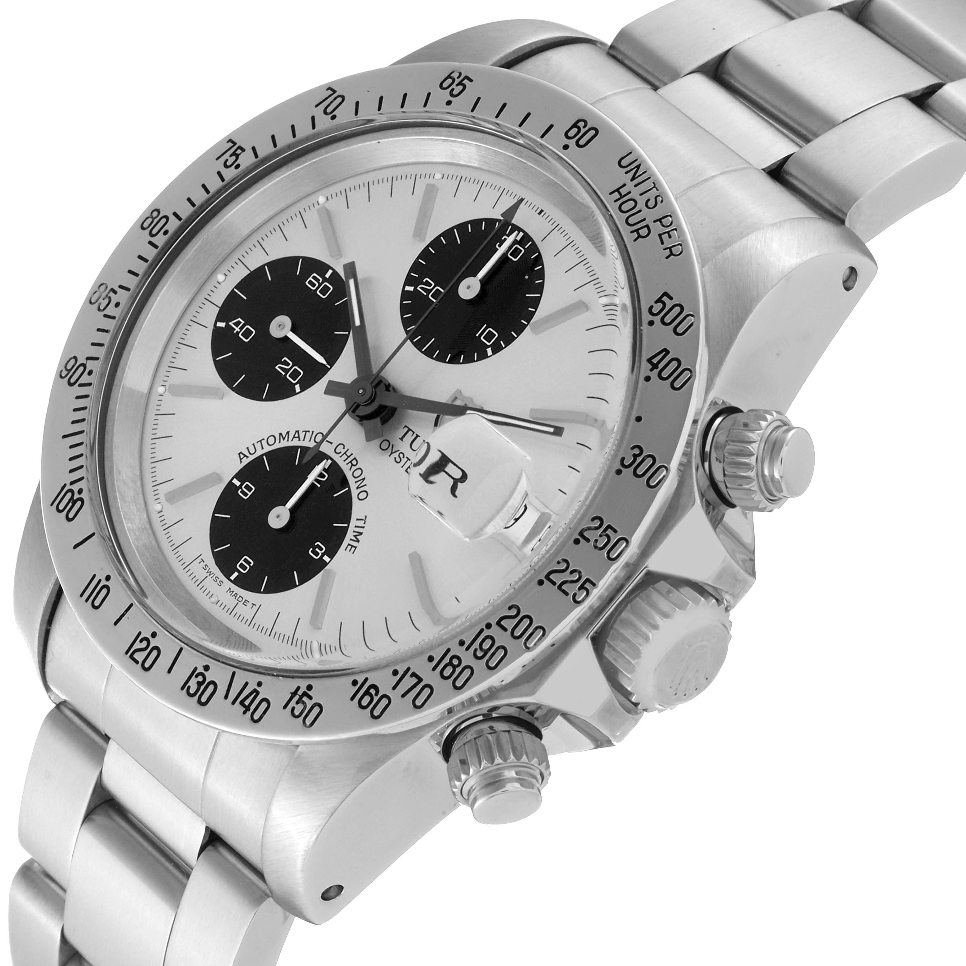 The image shows a side angle of a Tudor Big Block 79180 Men's Stainless Steel Silver Dial 79180 Men's Stainless Steel Silver Dial watch, highlighting its face, bezel, crown, and chronograph pushers.
