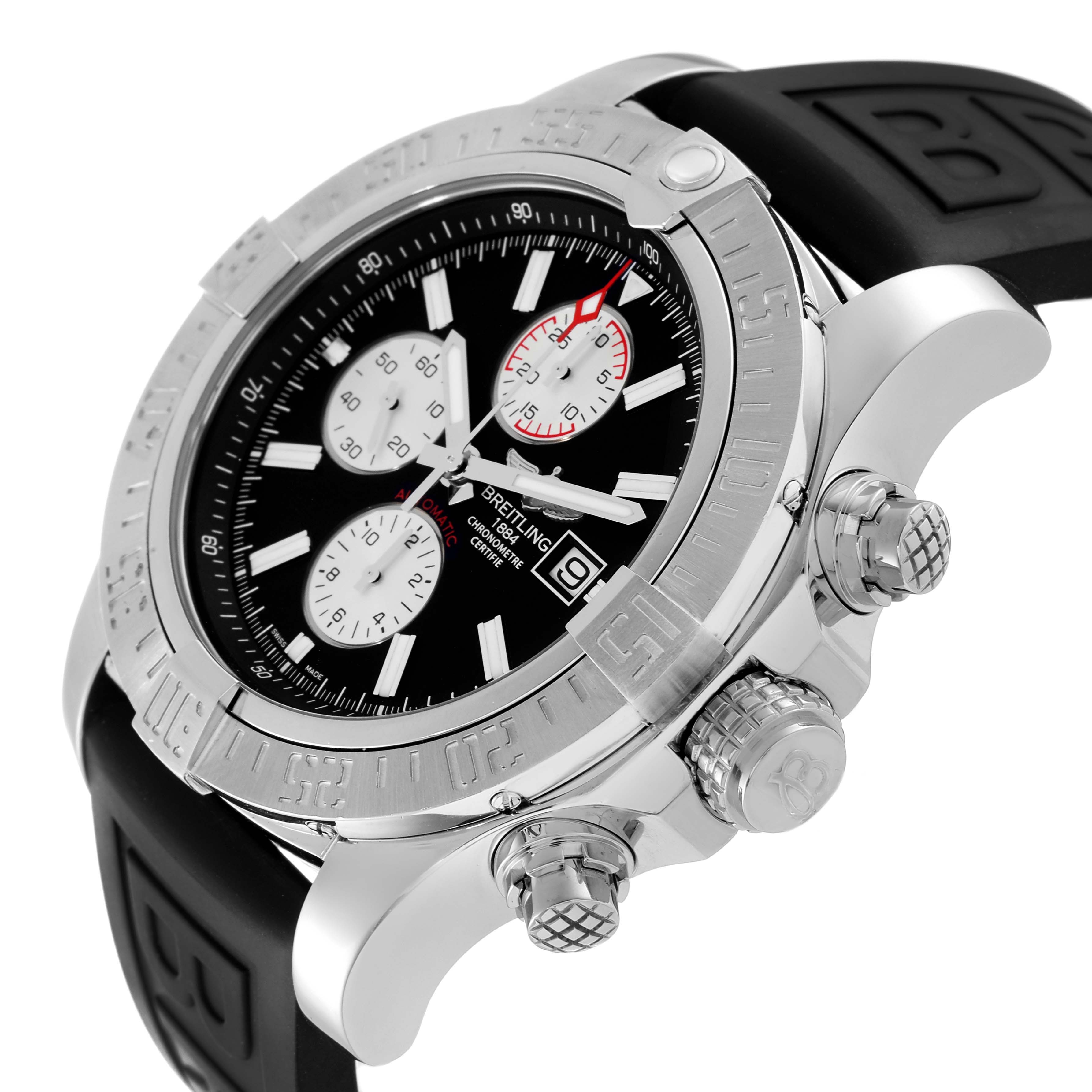 The image shows a close-up side angle of a Breitling Avenger A13371 Men's Stainless Steel Black Dial A13371 Men's Stainless Steel Black Dial watch, highlighting the dial, bezel, and chronograph pushers.