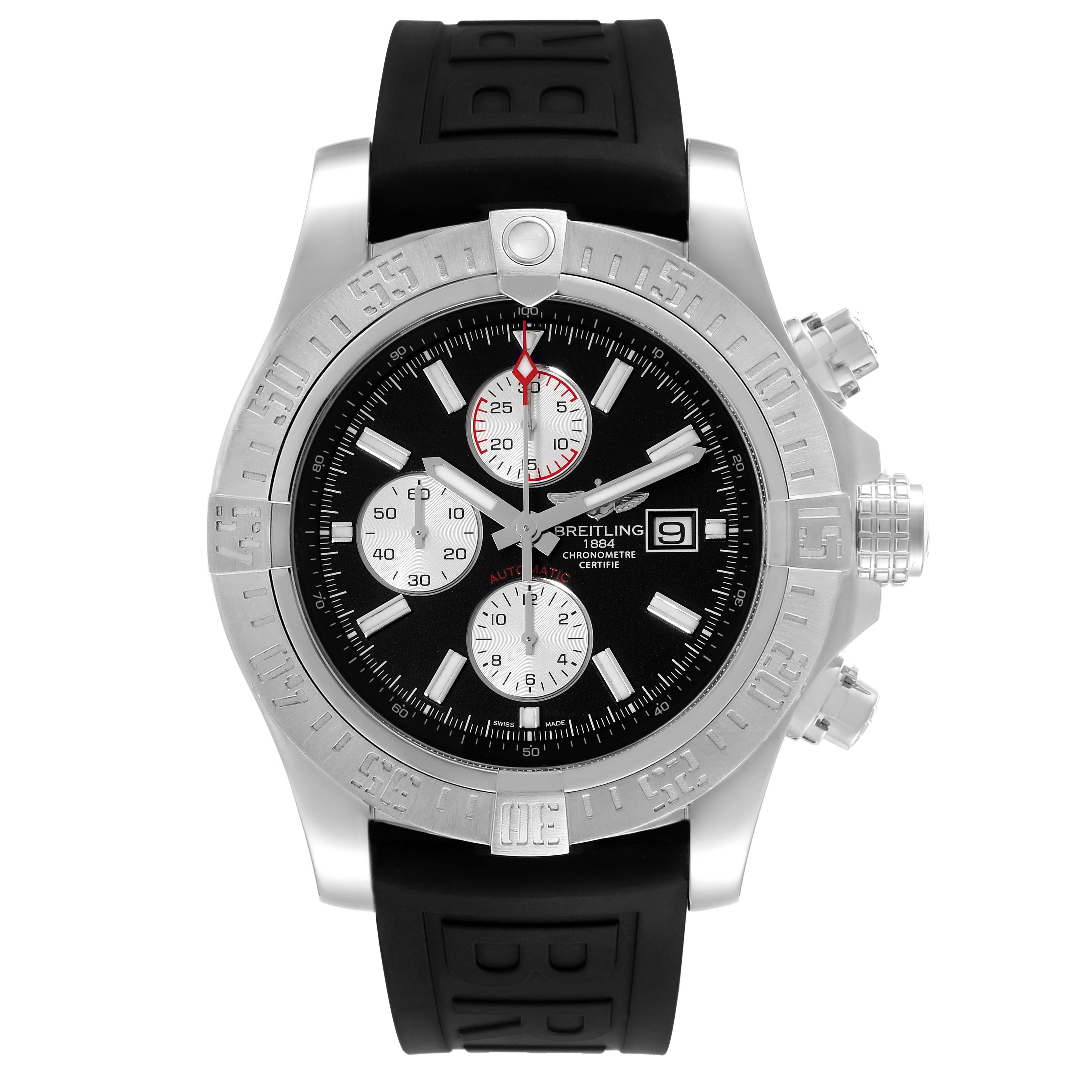The image shows a front view of the Breitling Avenger A13371 Men's Stainless Steel Black Dial A13371 Men's Stainless Steel Black Dial watch, highlighting the dial, bezel, crown, and chronograph subdials.