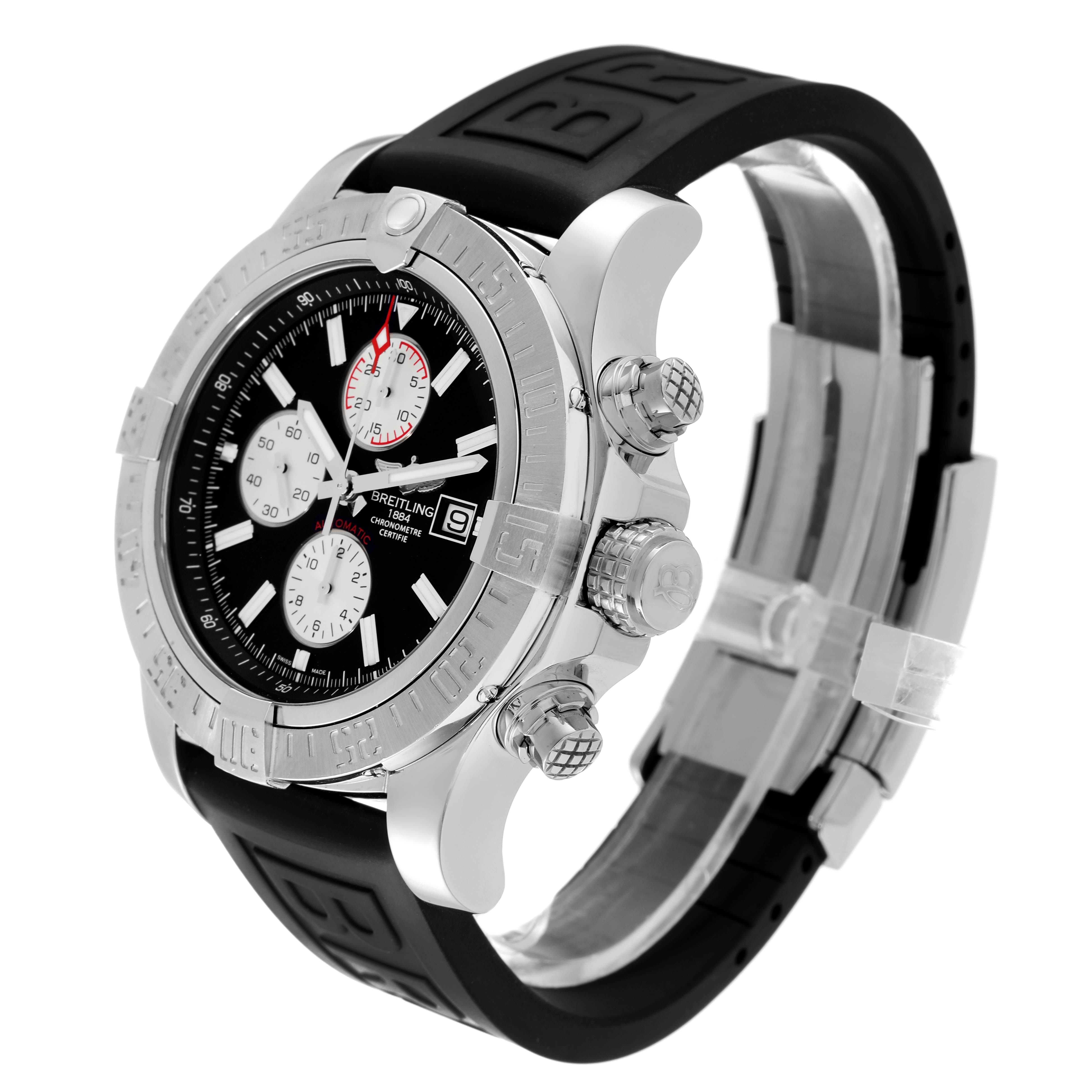 This image shows a Breitling Avenger A13371 Men's Stainless Steel Black Dial A13371 Men's Stainless Steel Black Dial watch at a three-quarter angle, highlighting the case, dial, pushers, and black rubber strap.