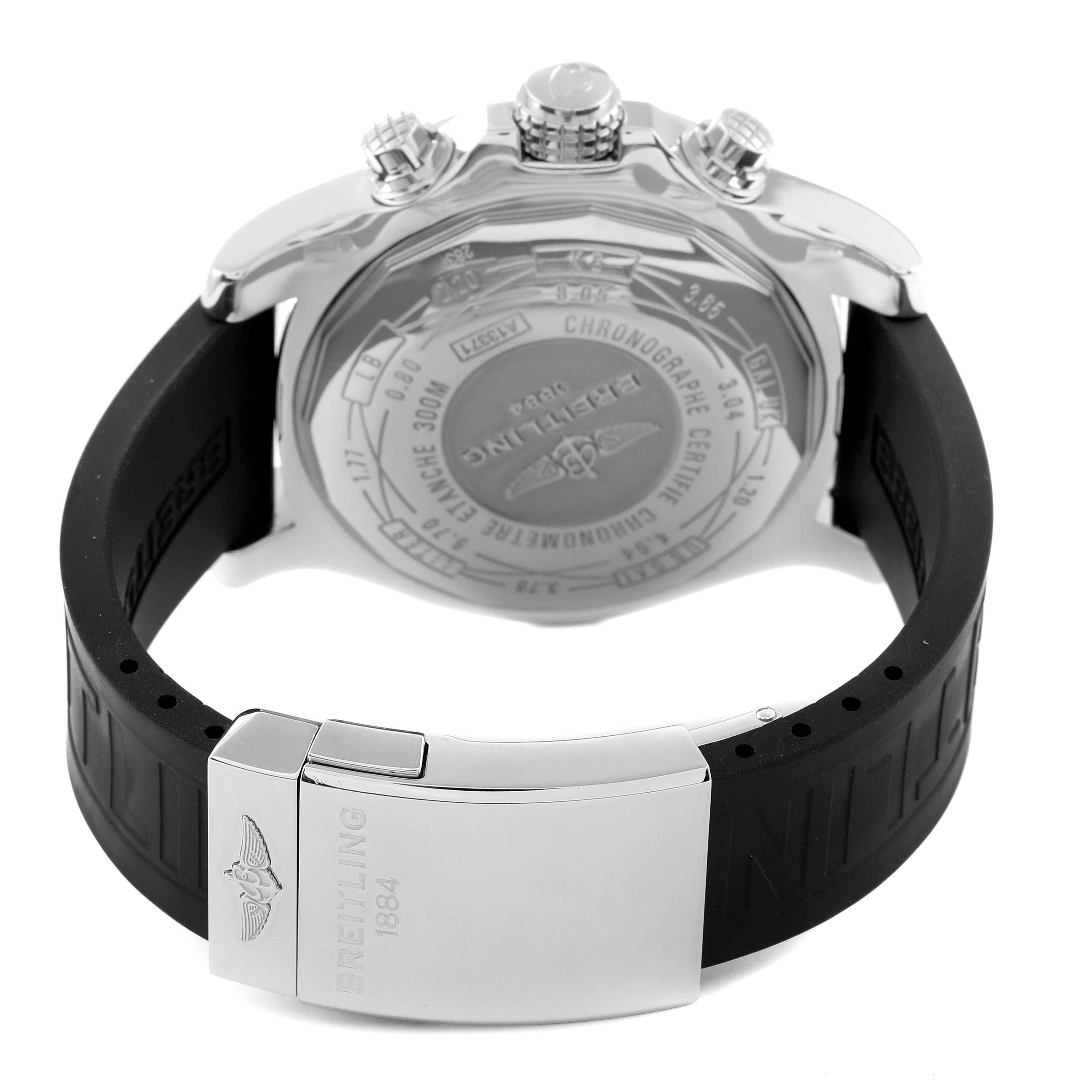 This image shows the back case, buckle, and black rubber strap of the Breitling Avenger A13371 Men's Stainless Steel Black Dial A13371 Men's Stainless Steel Black Dial watch.