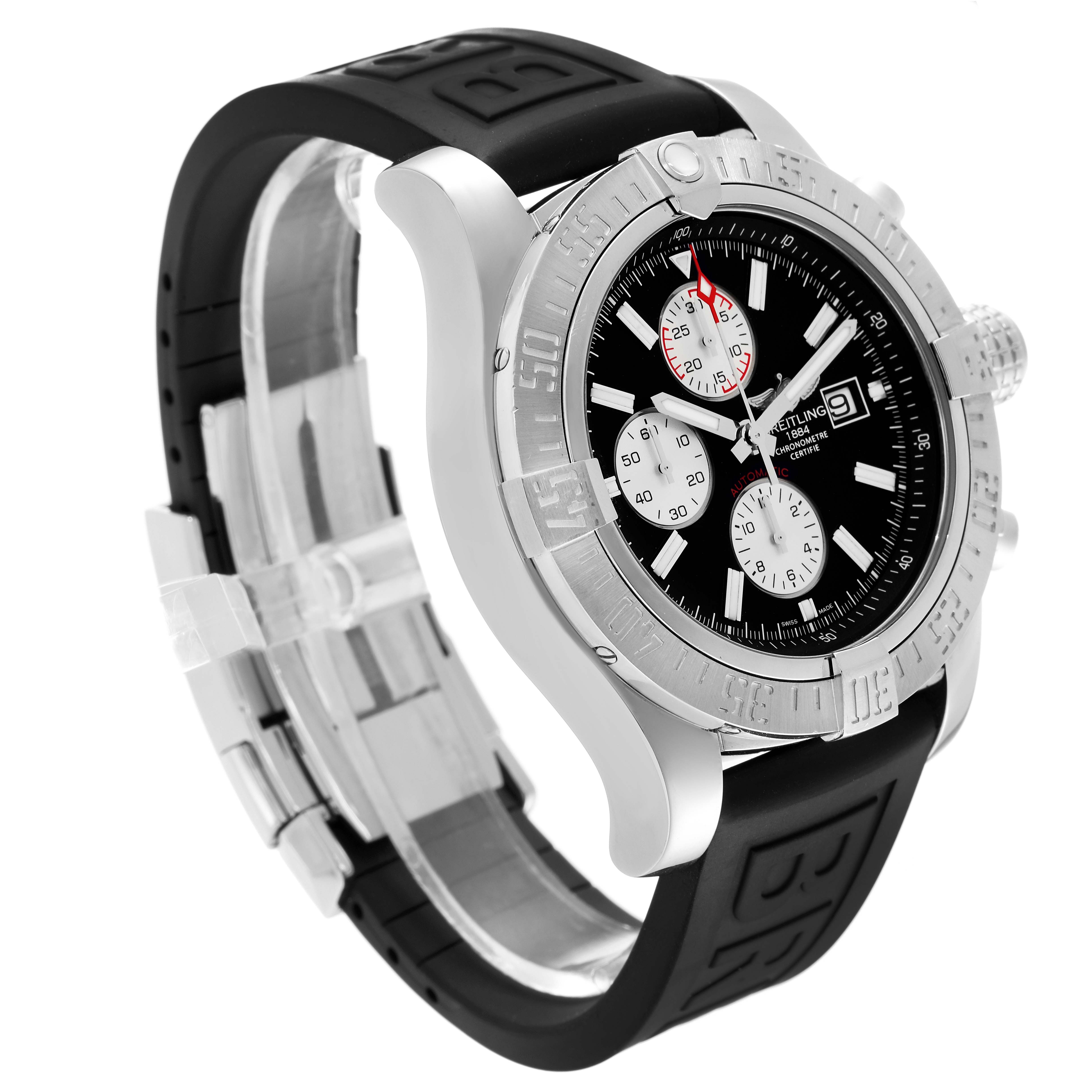 The Breitling Avenger A13371 Men's Stainless Steel Black Dial A13371 Men's Stainless Steel Black Dial watch is shown at a three-quarter angle, displaying its face, bezel, and black rubber strap.