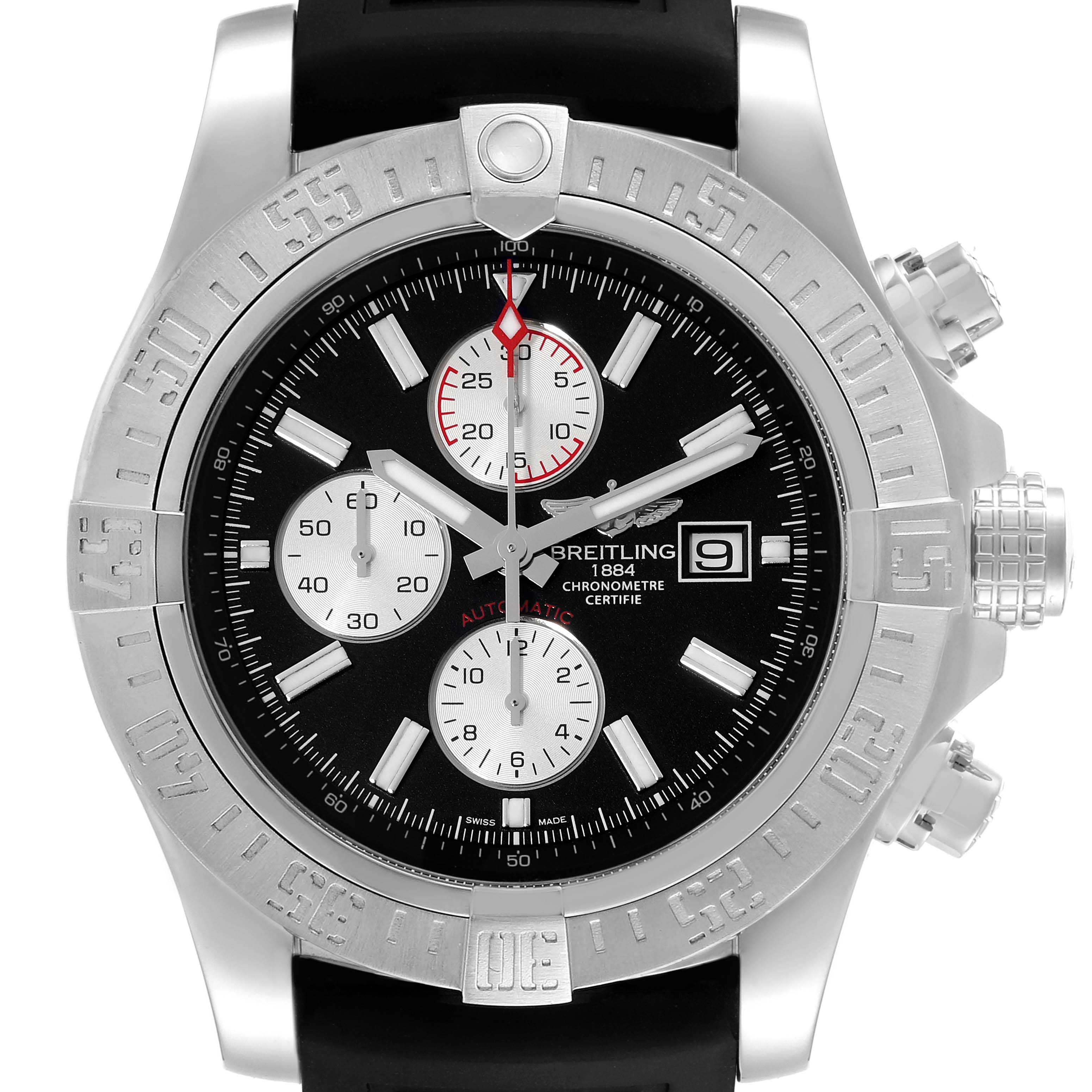 The Breitling Avenger A13371 Men's Stainless Steel Black Dial A13371 Men's Stainless Steel Black Dial watch face is shown from the front, highlighting the black dial, chronograph subdials, and date display.