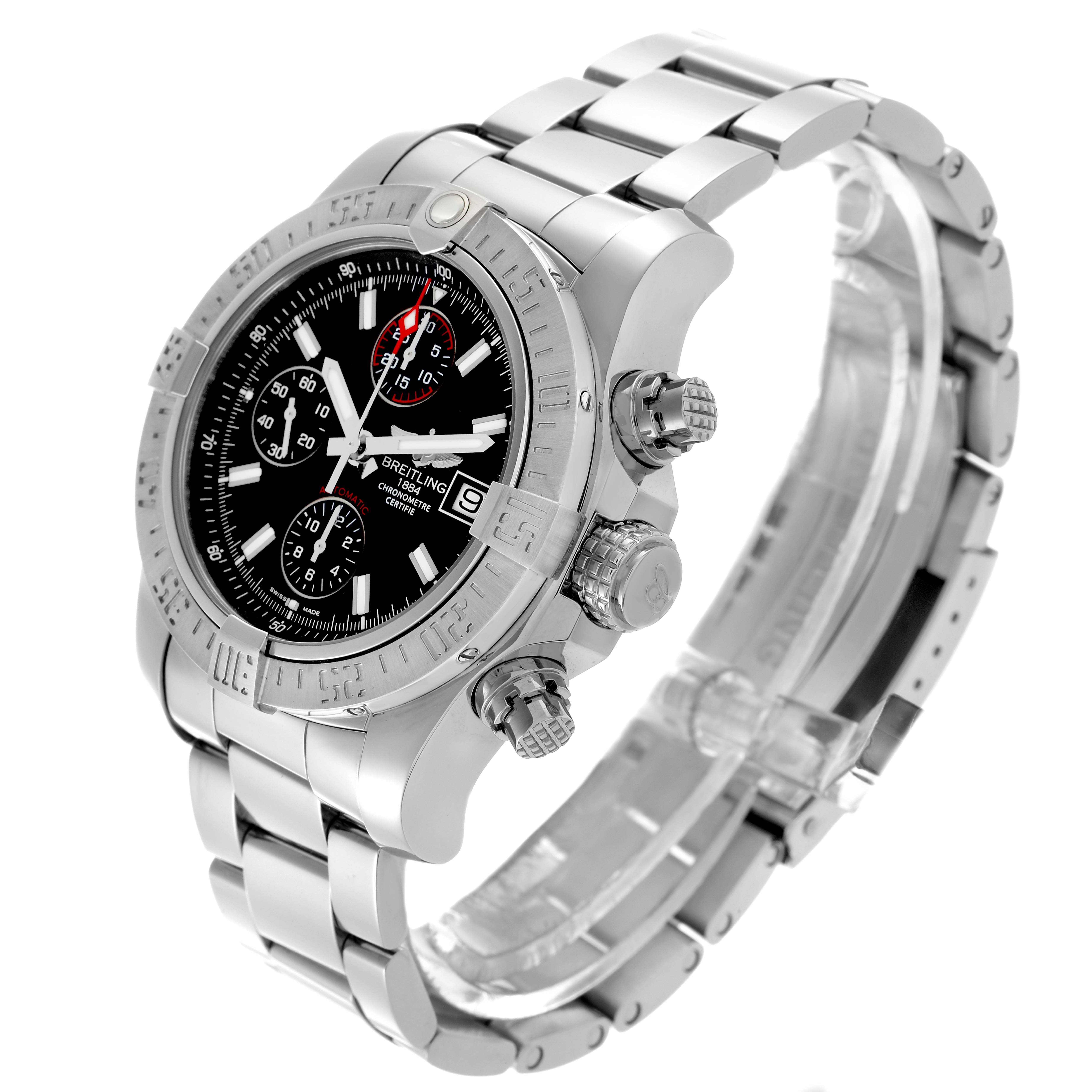 The Breitling Avenger A13381 Men
s Stainless Steel Black Dial A13381 Men
s Stainless Steel Black Dial watch is shown from a three-quarter angle, highlighting the bracelet, case, bezel, and chronograph dials.
