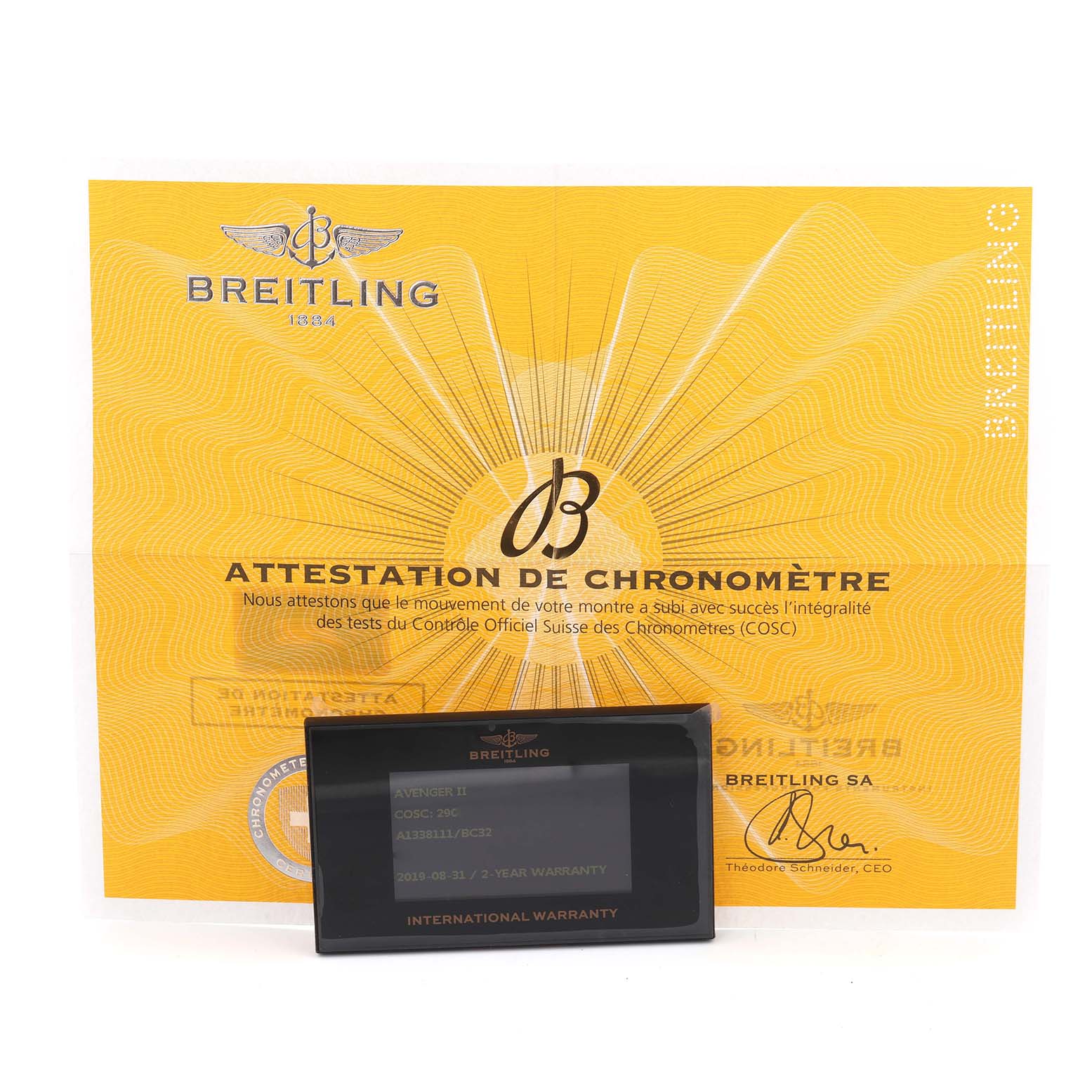 The image shows the certification and warranty card for a Breitling Avenger A13381 Men
s Stainless Steel Black Dial A13381 Men
s Stainless Steel Black Dial watch, including the International Warranty card.