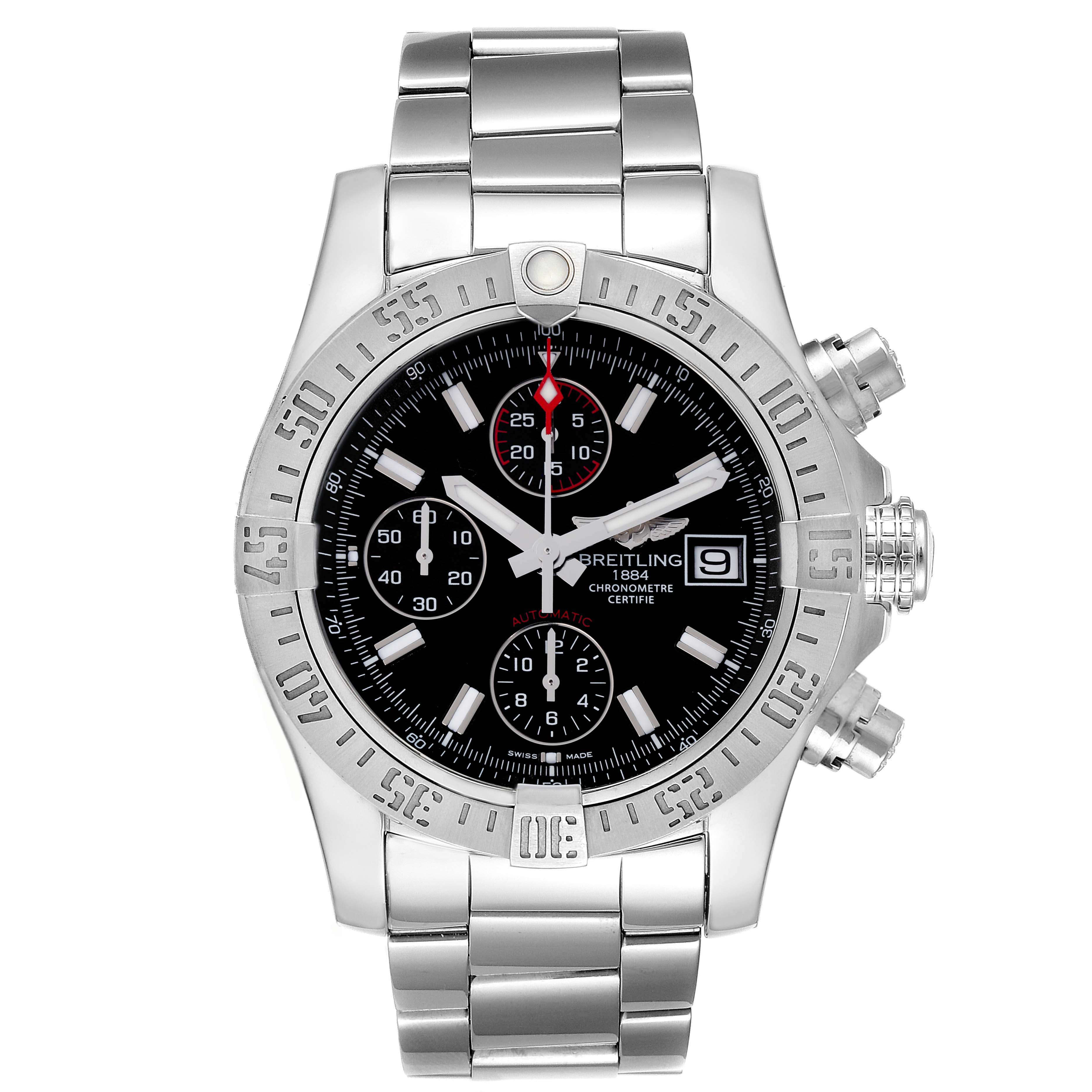The Breitling Avenger A13381 Men
s Stainless Steel Black Dial A13381 Men
s Stainless Steel Black Dial watch is shown from the front, displaying its dial, bezel, and stainless steel bracelet.