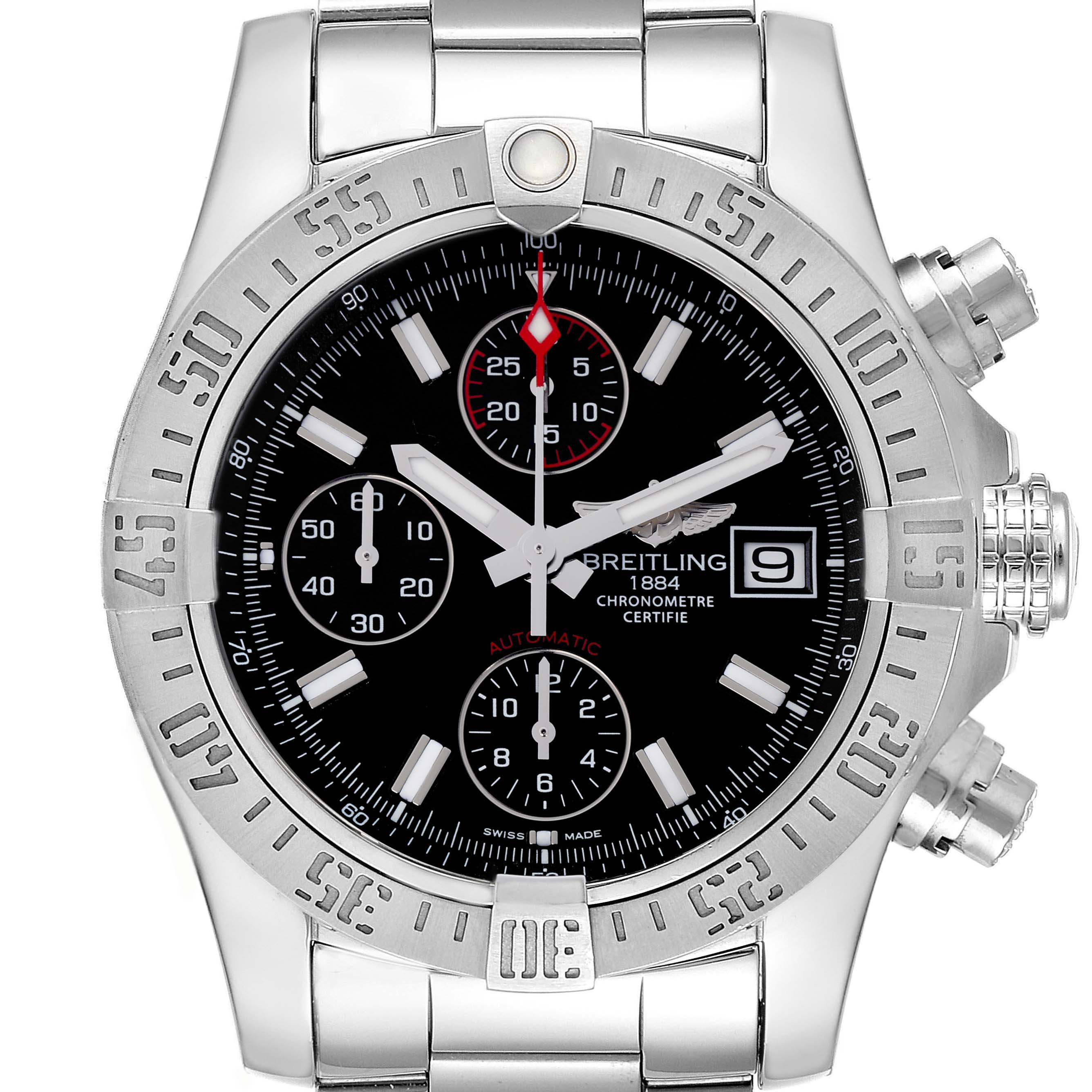 The image shows a front view of a Breitling Avenger A13381 Men
s Stainless Steel Black Dial A13381 Men
s Stainless Steel Black Dial watch, featuring a black dial, chronograph sub-dials, and a metal bracelet.